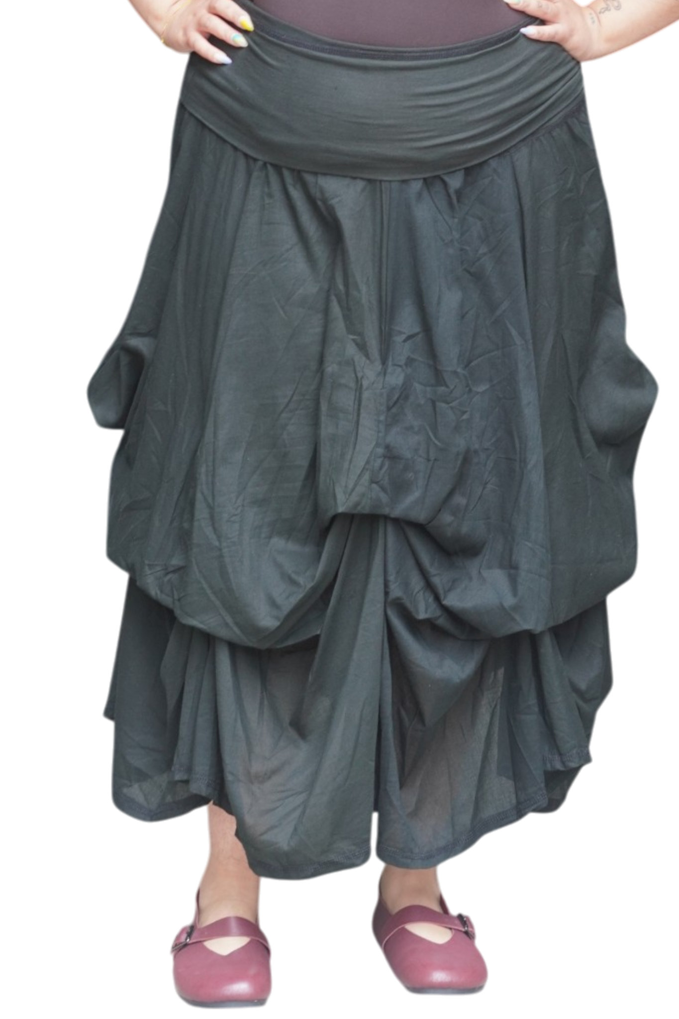 Black Gathered Bubble Cotton Voile Tiered Skirt