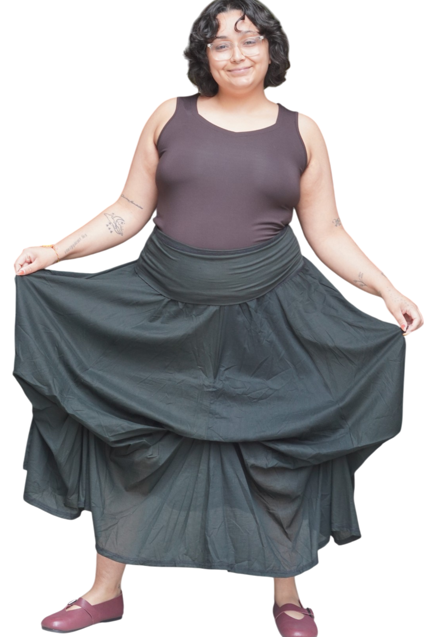 Black Gathered Bubble Cotton Voile Tiered Skirt