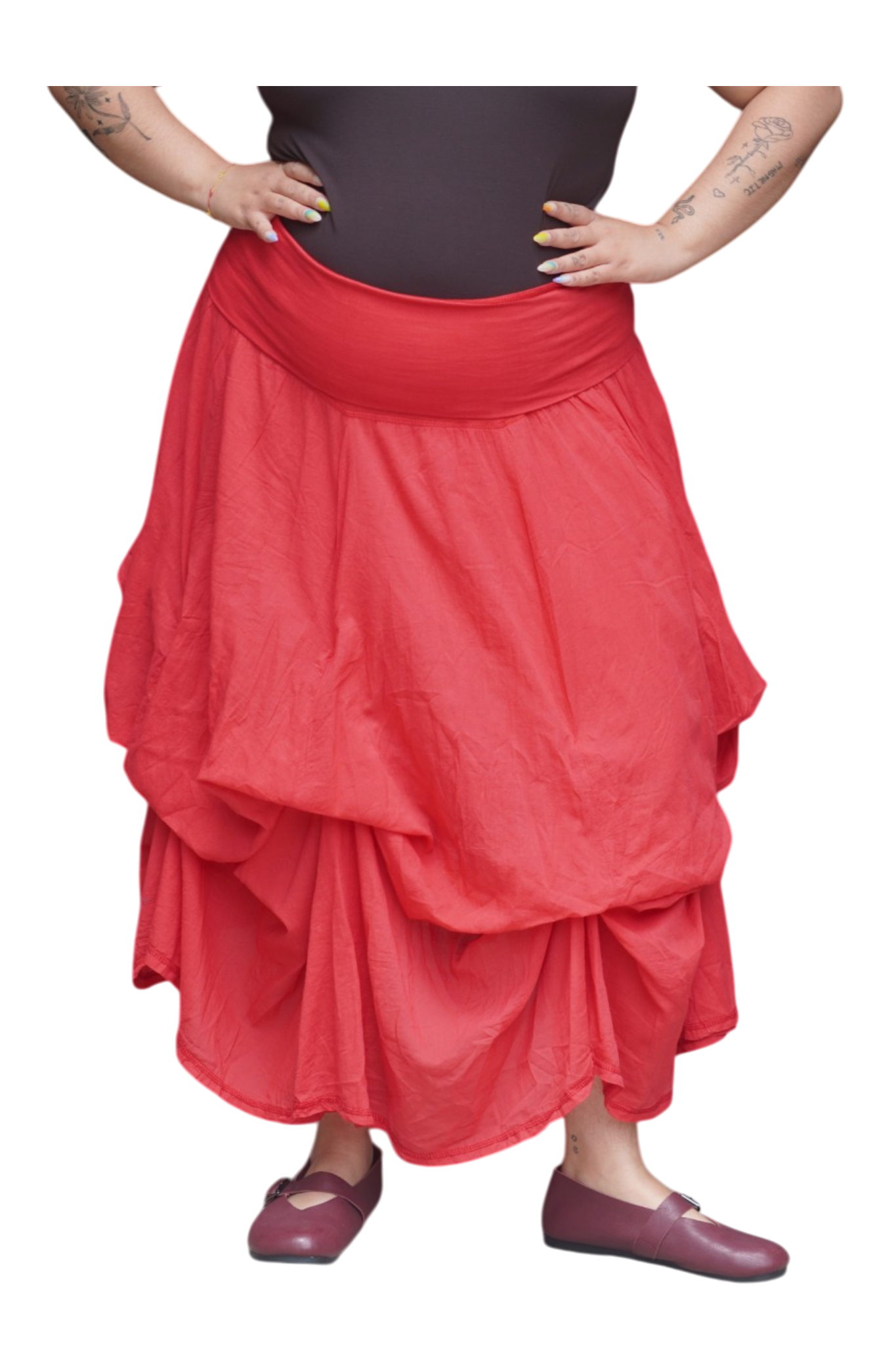Tomato Red Gathered Bubble Cotton Voile Tiered Skirt