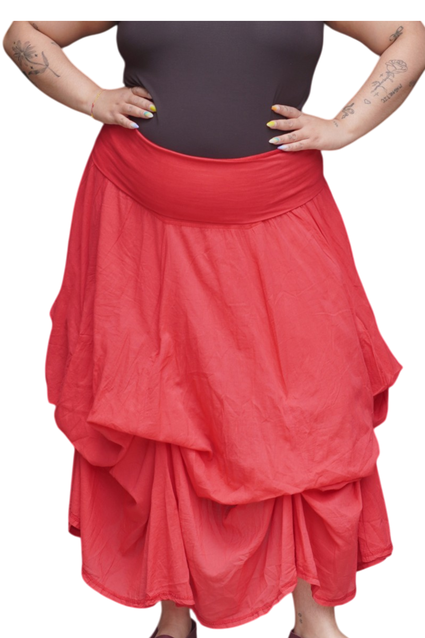 Tomato Red Gathered Bubble Cotton Voile Tiered Skirt