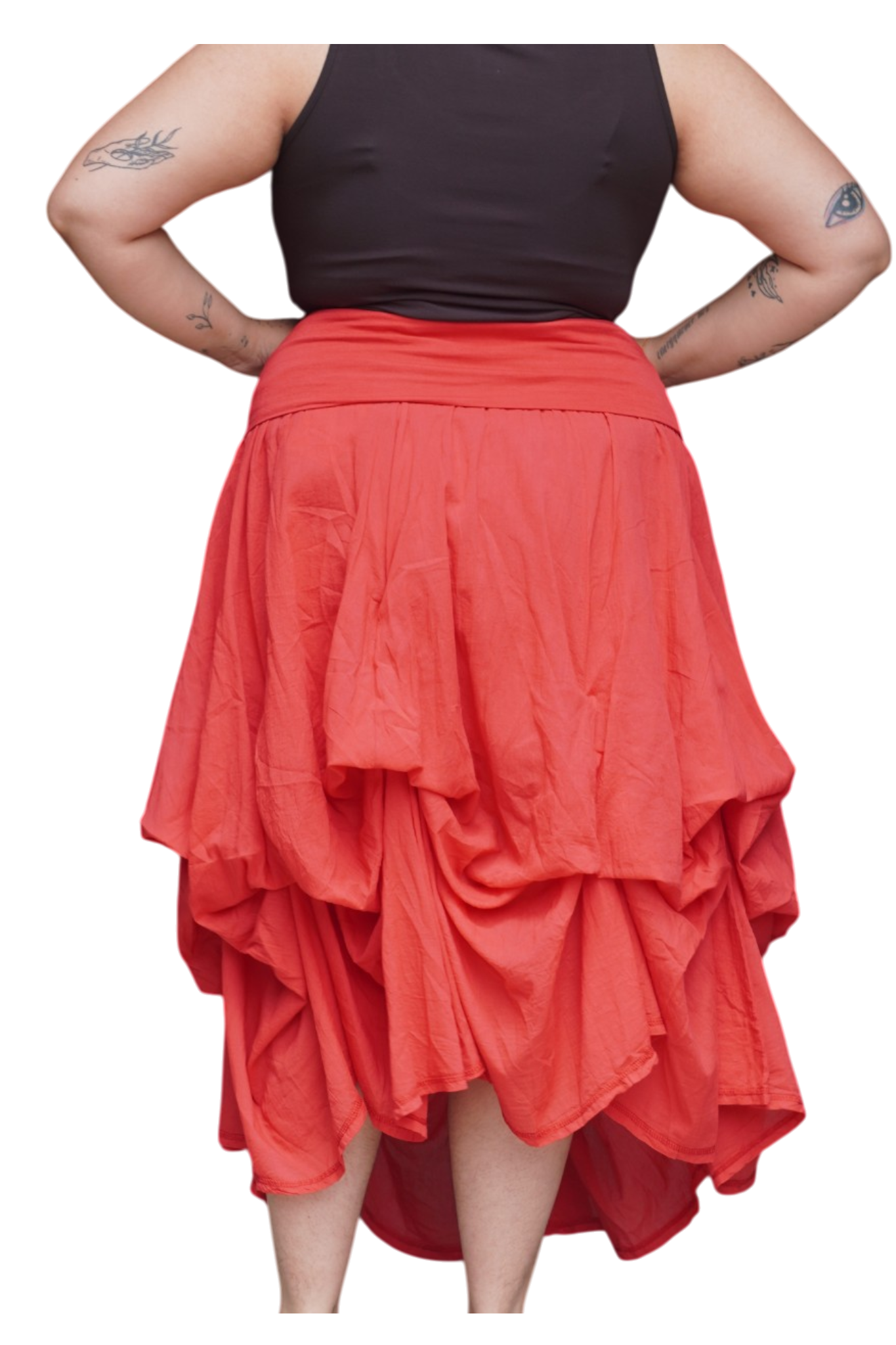 Tomato Red Gathered Bubble Cotton Voile Tiered Skirt