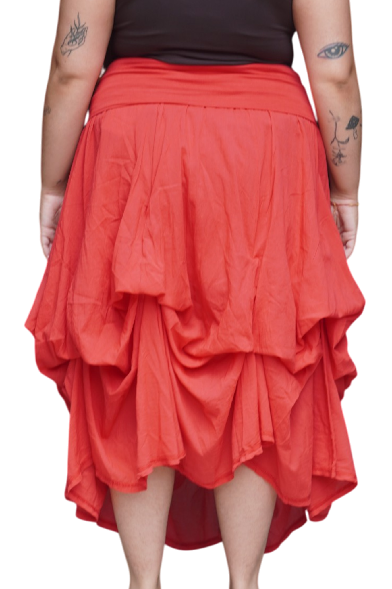 Tomato Red Gathered Bubble Cotton Voile Tiered Skirt