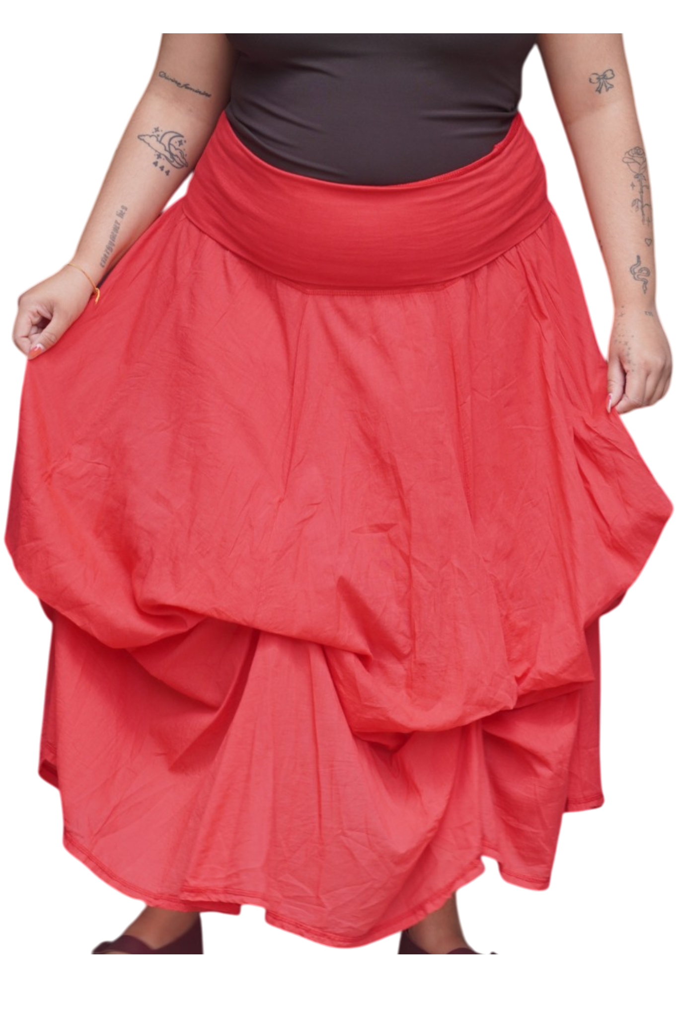 Tomato Red Gathered Bubble Cotton Voile Tiered Skirt