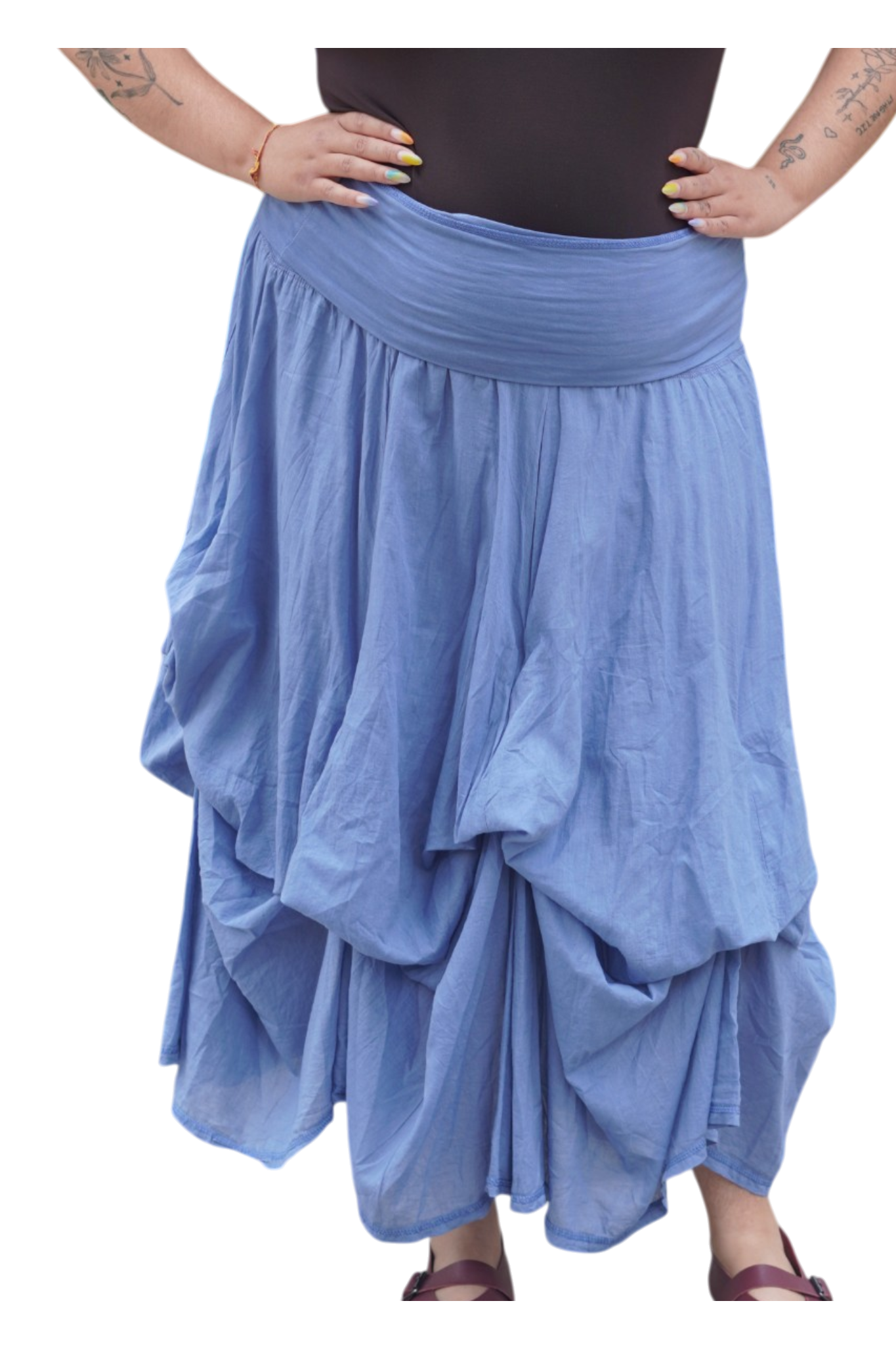 Denim Gathered Bubble Cotton Voile Tiered Skirt