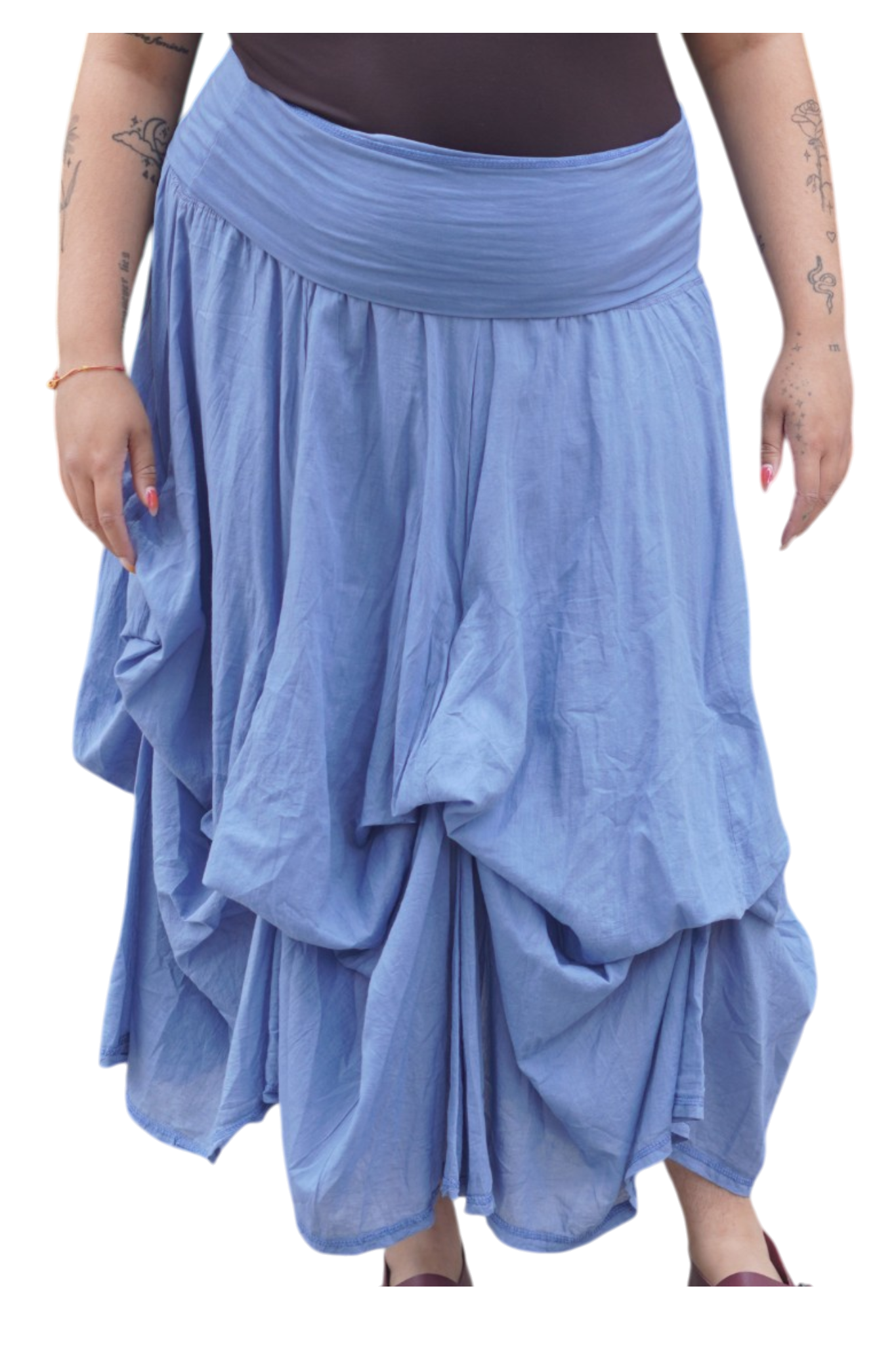 Denim Gathered Bubble Cotton Voile Tiered Skirt