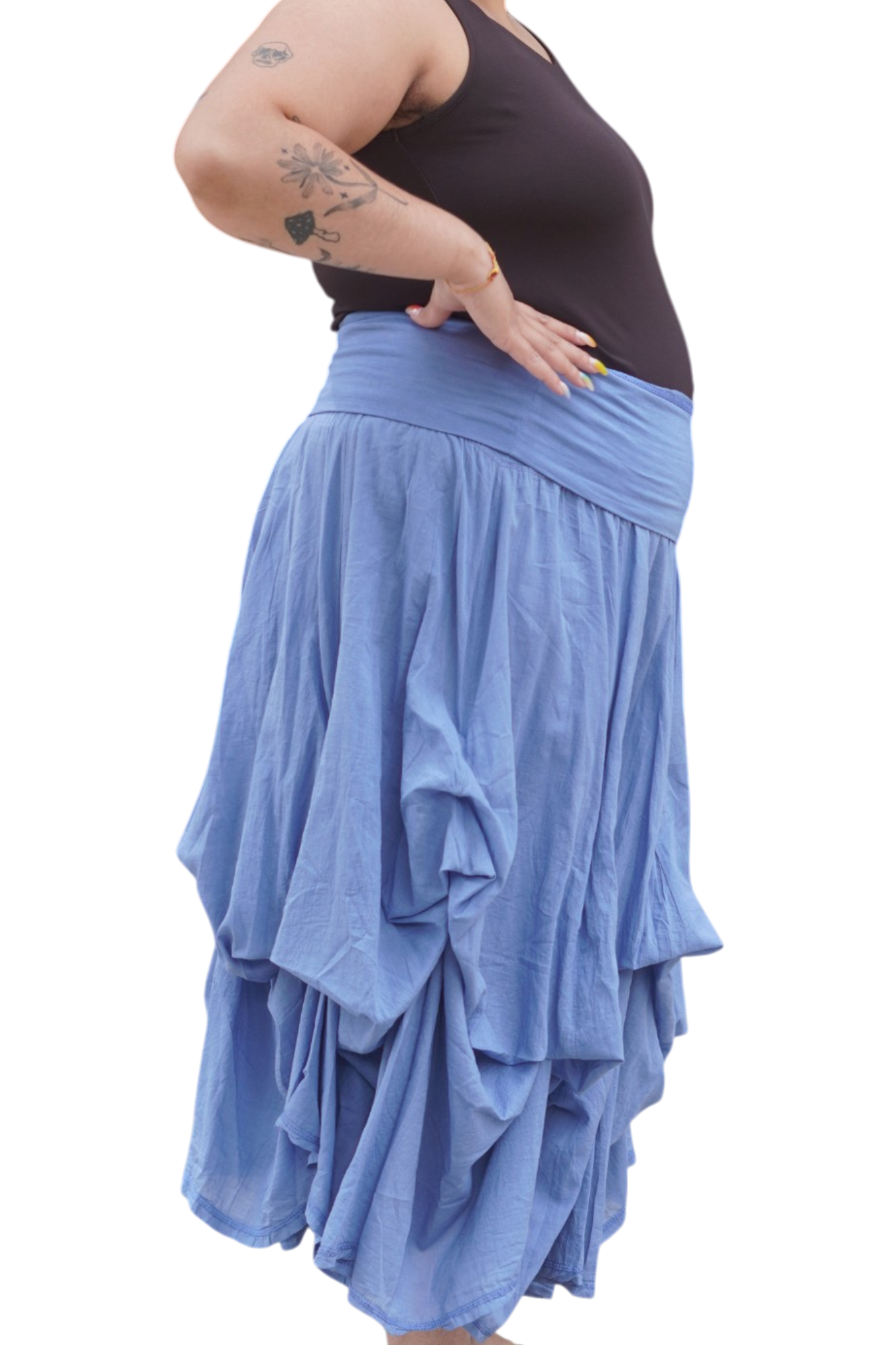 Denim Gathered Bubble Cotton Voile Tiered Skirt