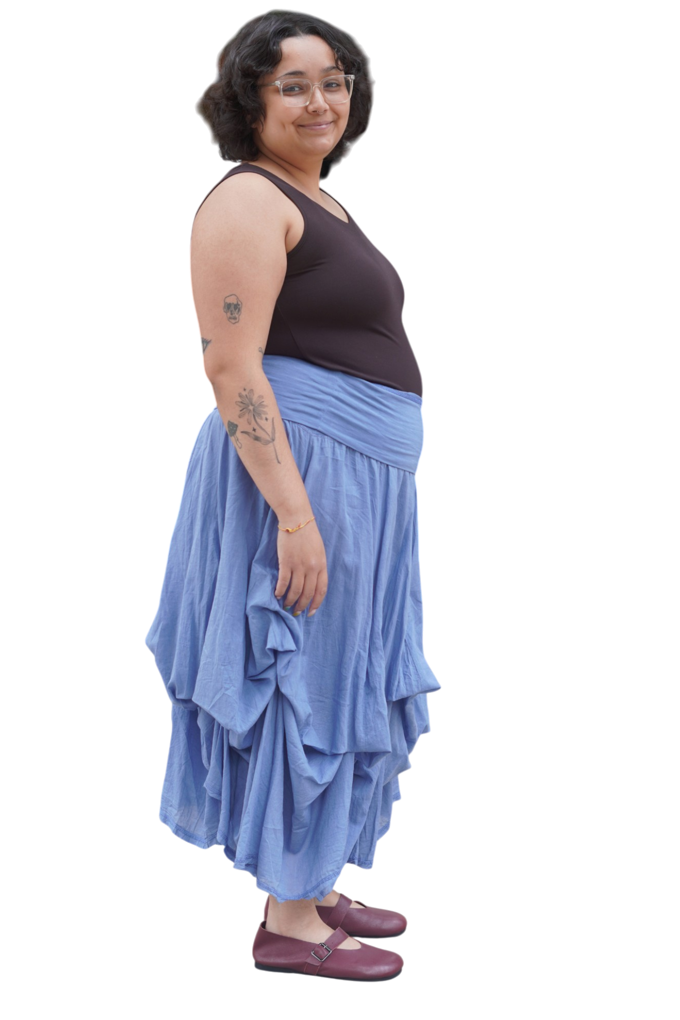 Denim Gathered Bubble Cotton Voile Tiered Skirt