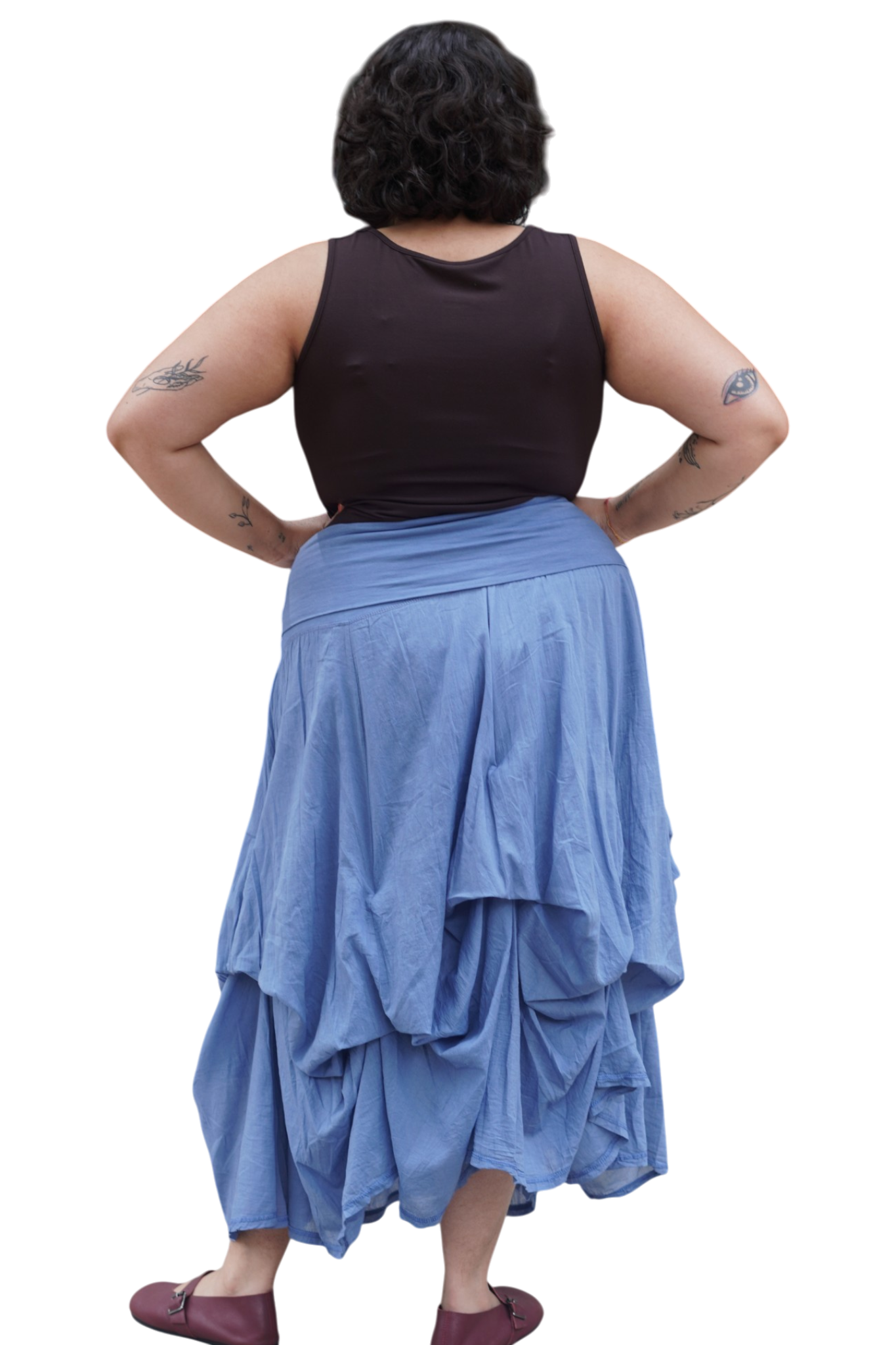 Denim Gathered Bubble Cotton Voile Tiered Skirt