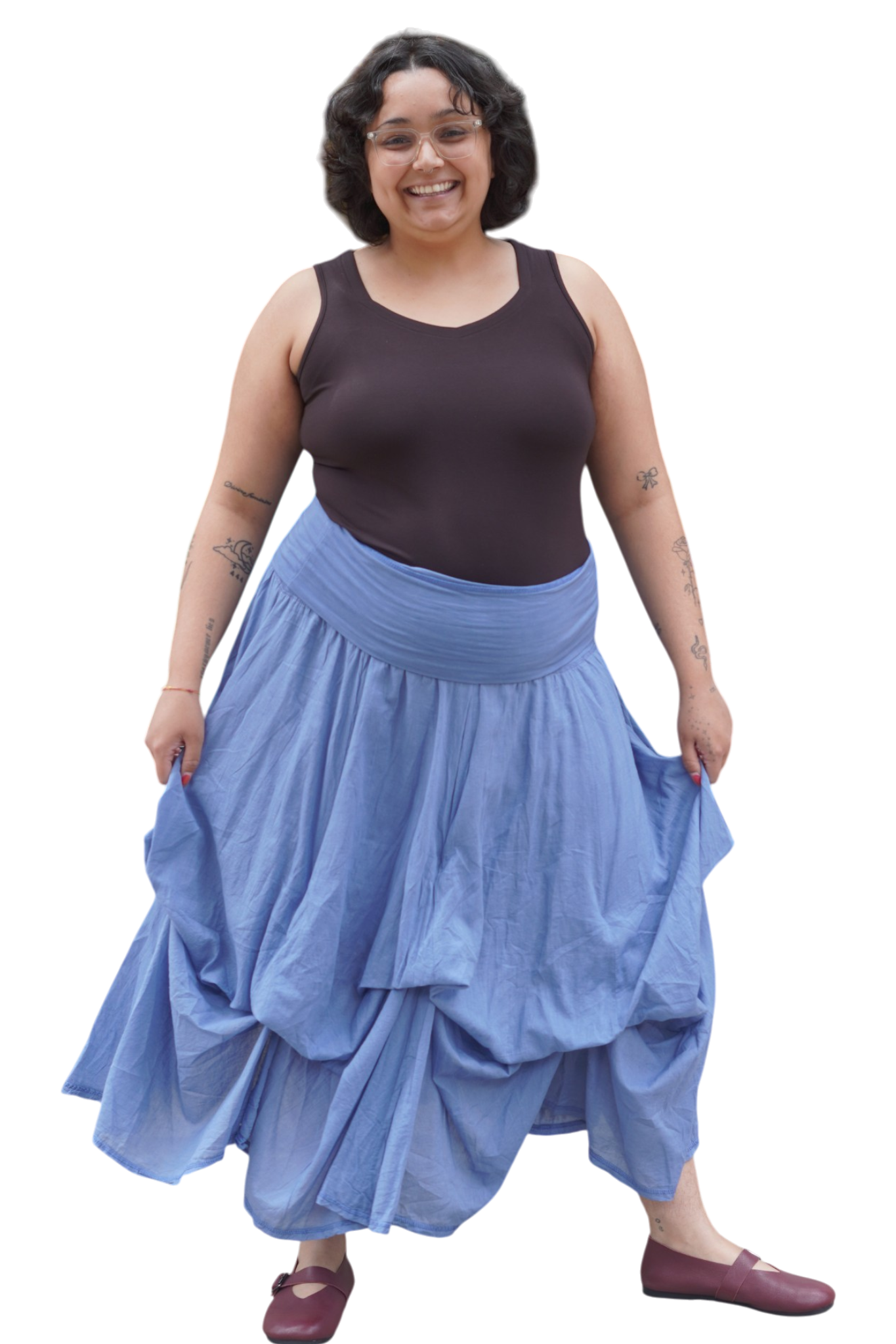 Denim Gathered Bubble Cotton Voile Tiered Skirt