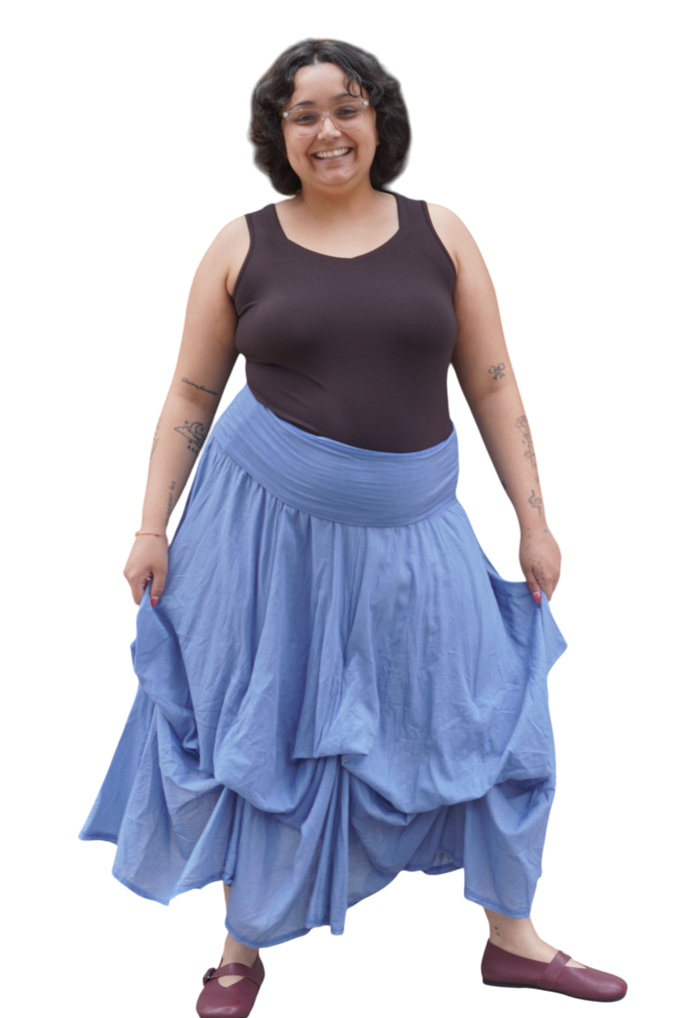 Denim Gathered Bubble Cotton Voile Tiered Skirt