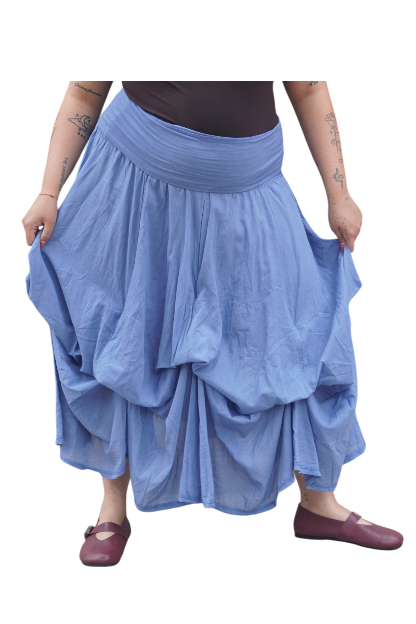 Denim Gathered Bubble Cotton Voile Tiered Skirt