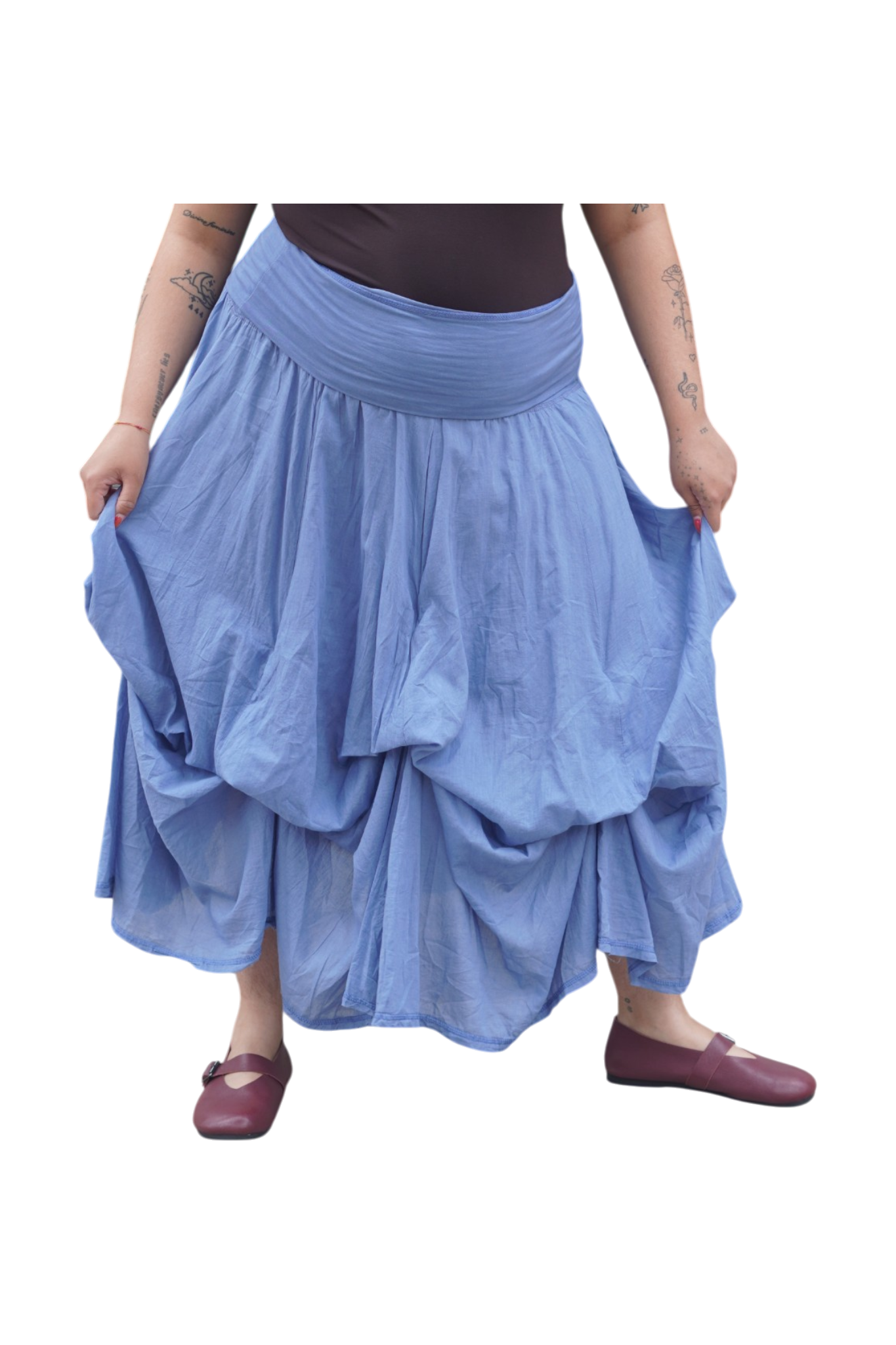 Denim Gathered Bubble Cotton Voile Tiered Skirt