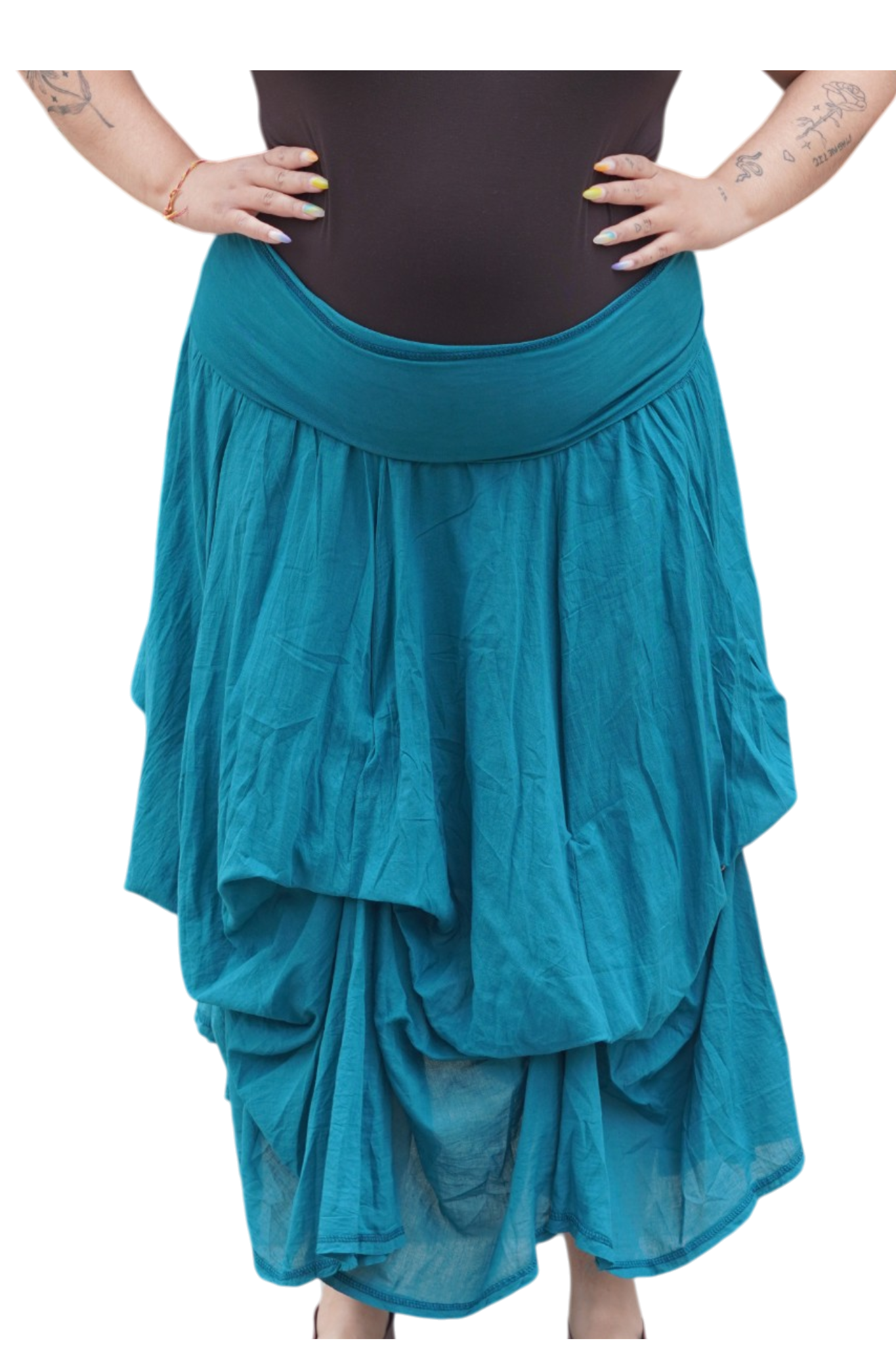 Teal Gathered Bubble Cotton Voile Tiered Skirt