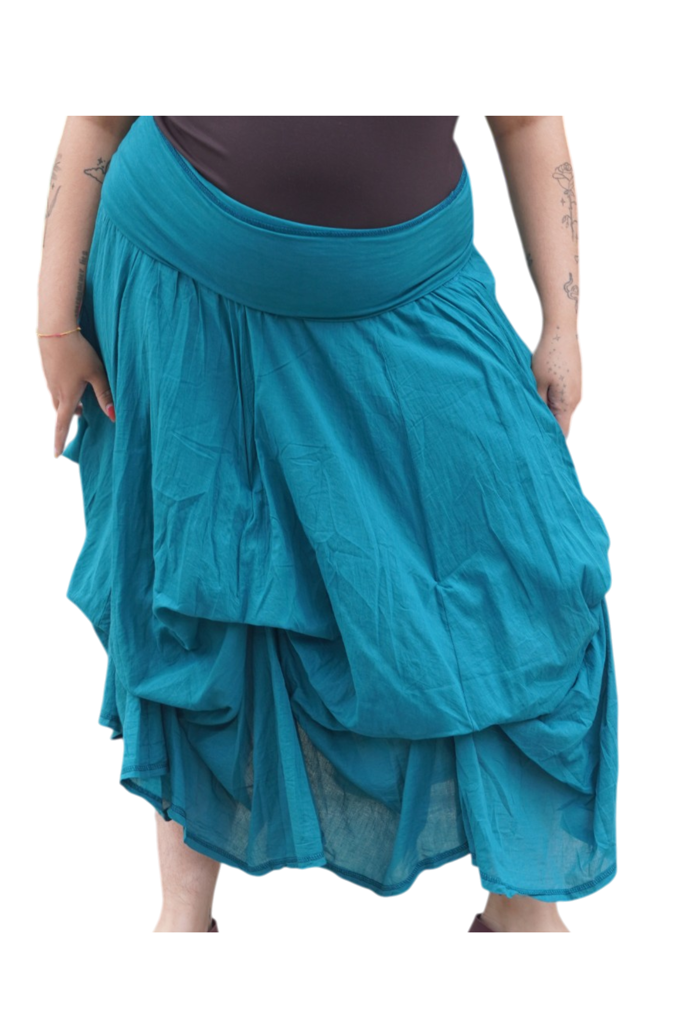 Teal Gathered Bubble Cotton Voile Tiered Skirt