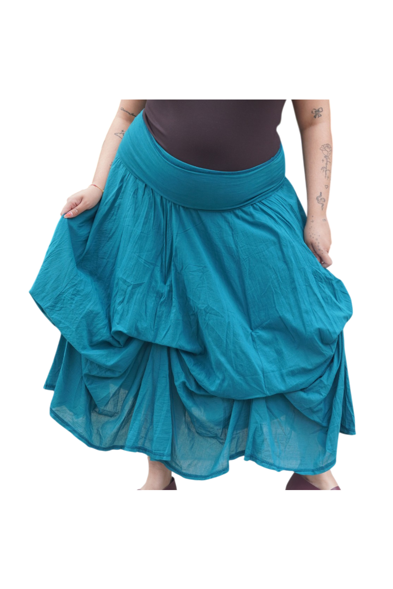 Teal Gathered Bubble Cotton Voile Tiered Skirt