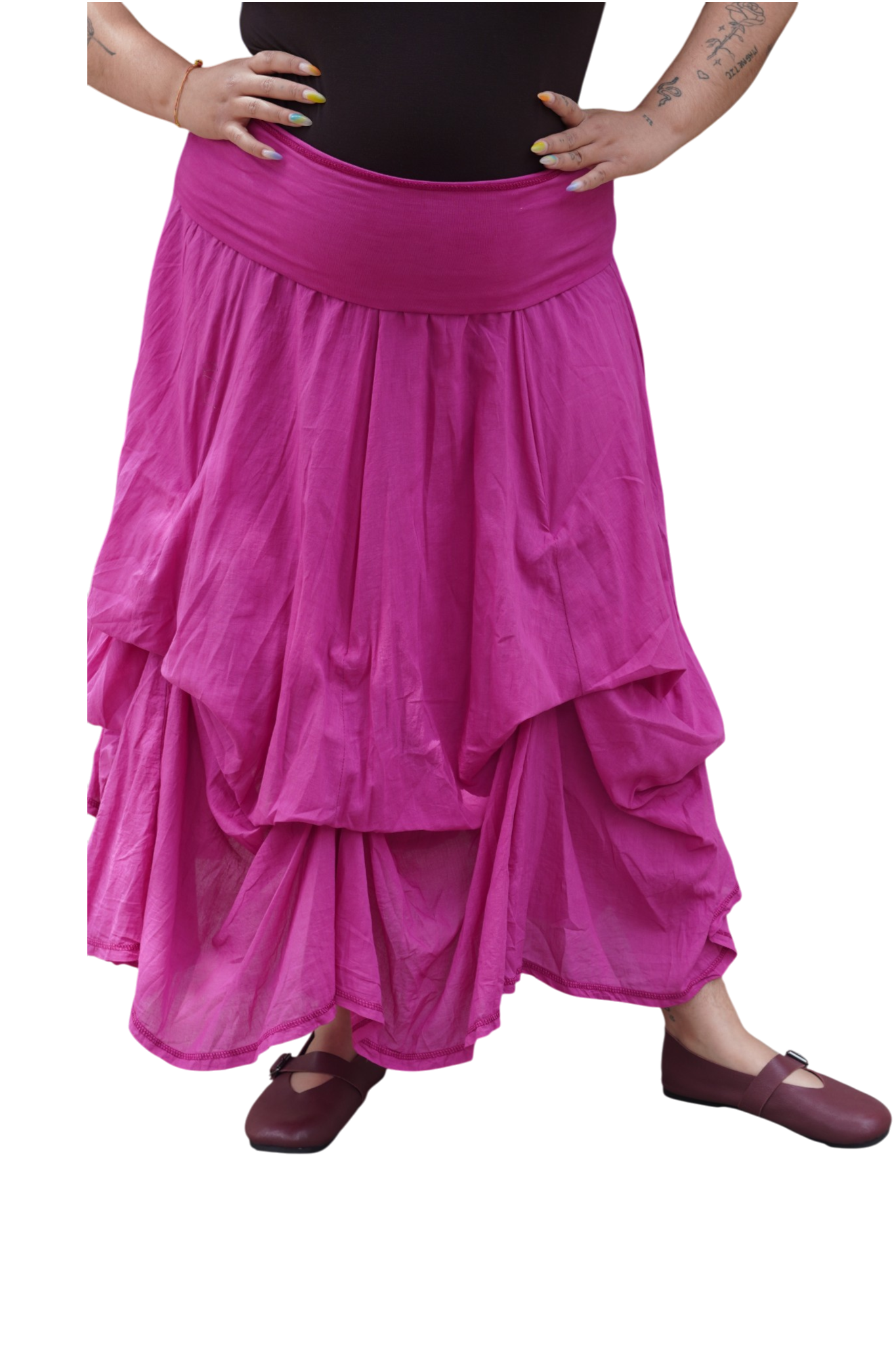 Fuchsia Gathered Bubble Cotton Voile Tiered Skirt