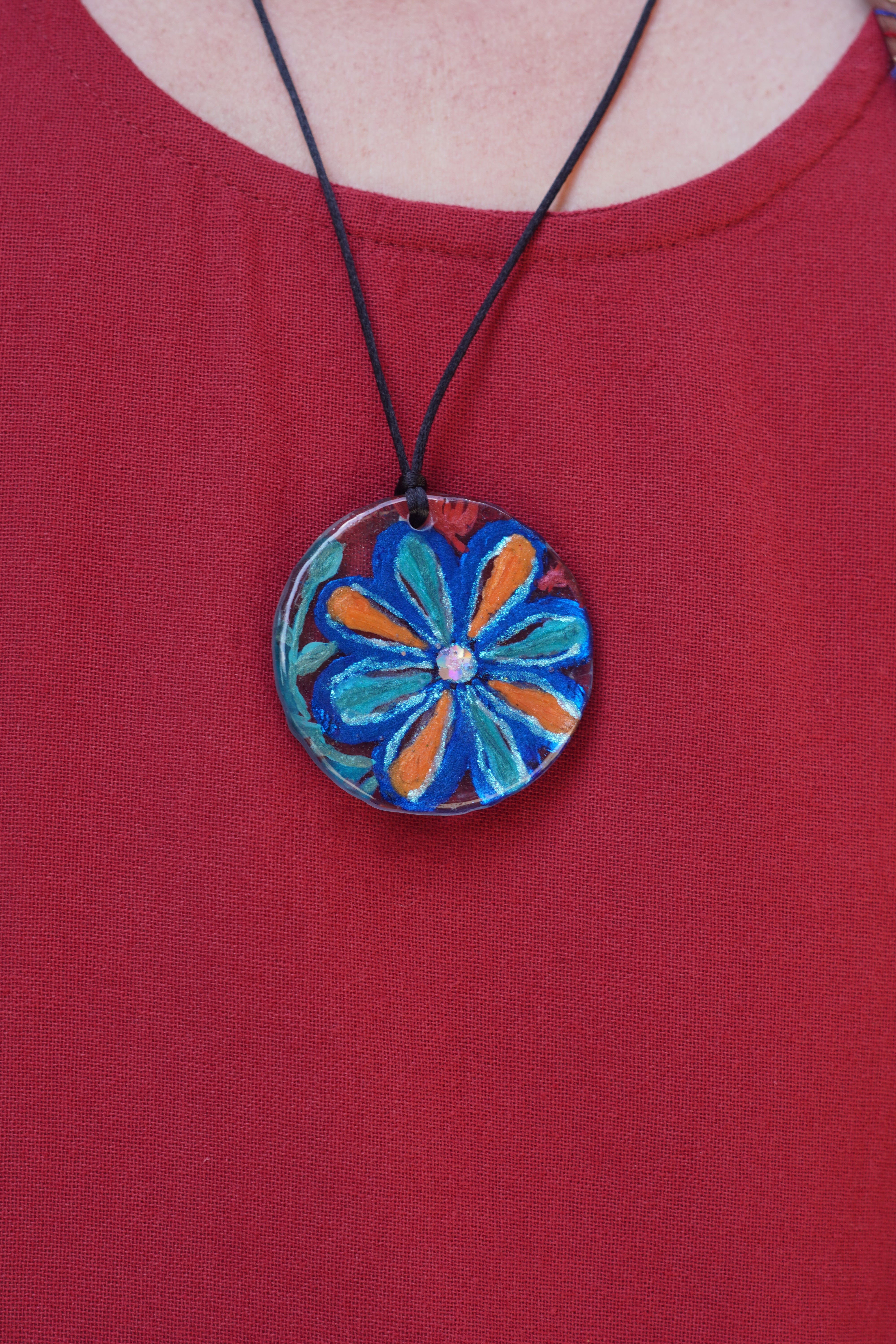 Orange and Blue Silk Inspired Flower  Pendant