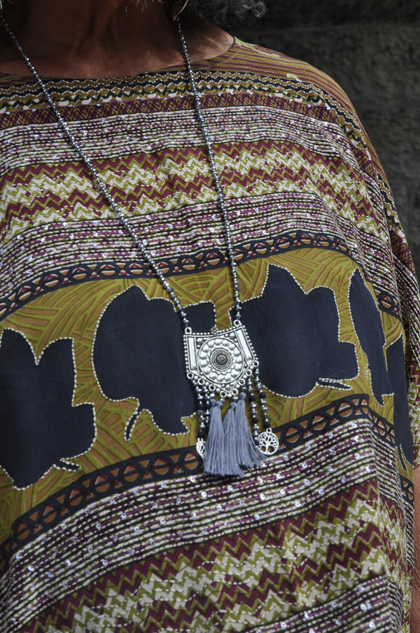 Long Crystal Grey Necklace with With Patterned Metal Pendant