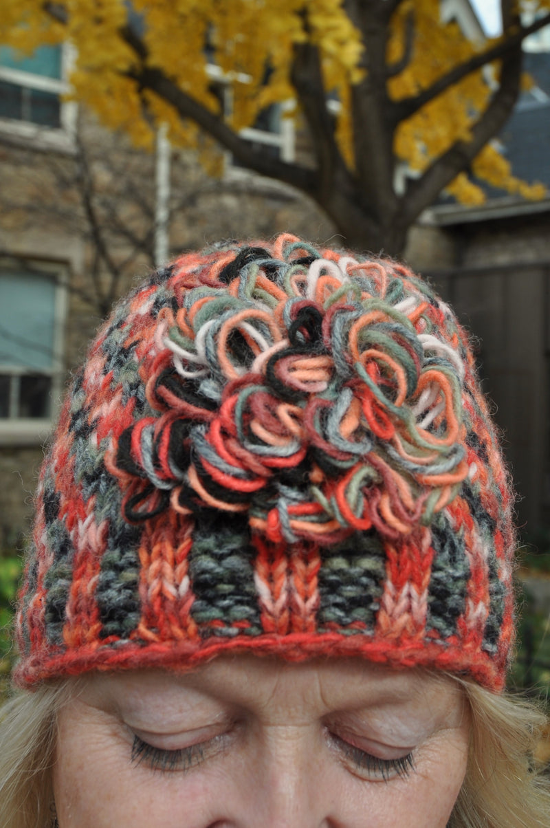 Orange Checkers Wool Hat with Flower Applique