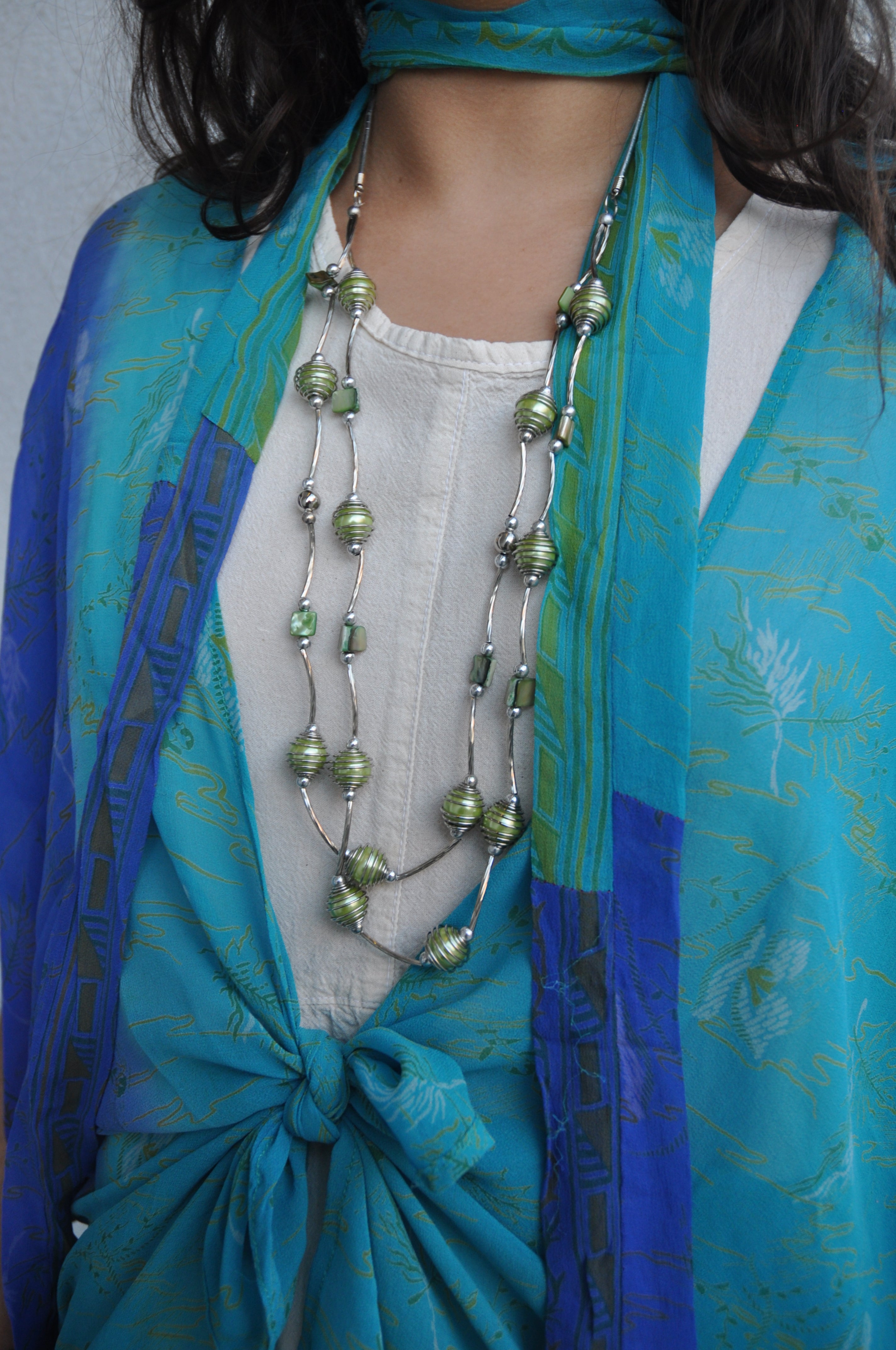 Green Wrapped Pearl Bead Necklace