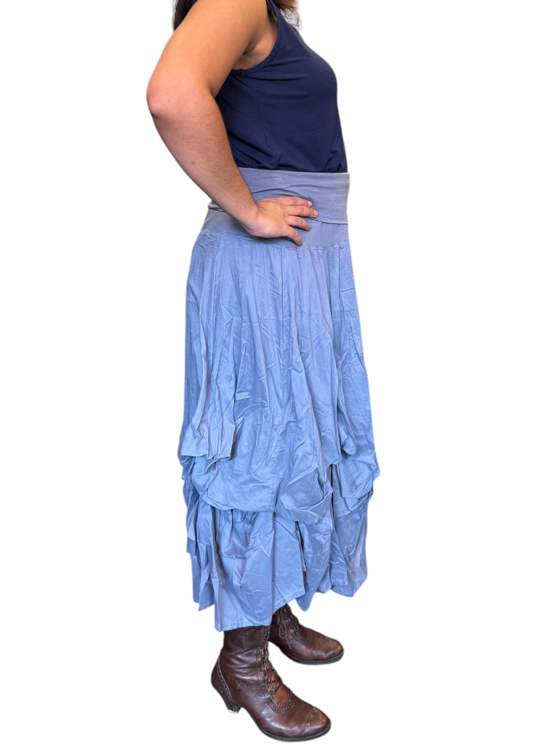 Slate Grey Gathered Bubble Cotton Voile Tiered Skirt