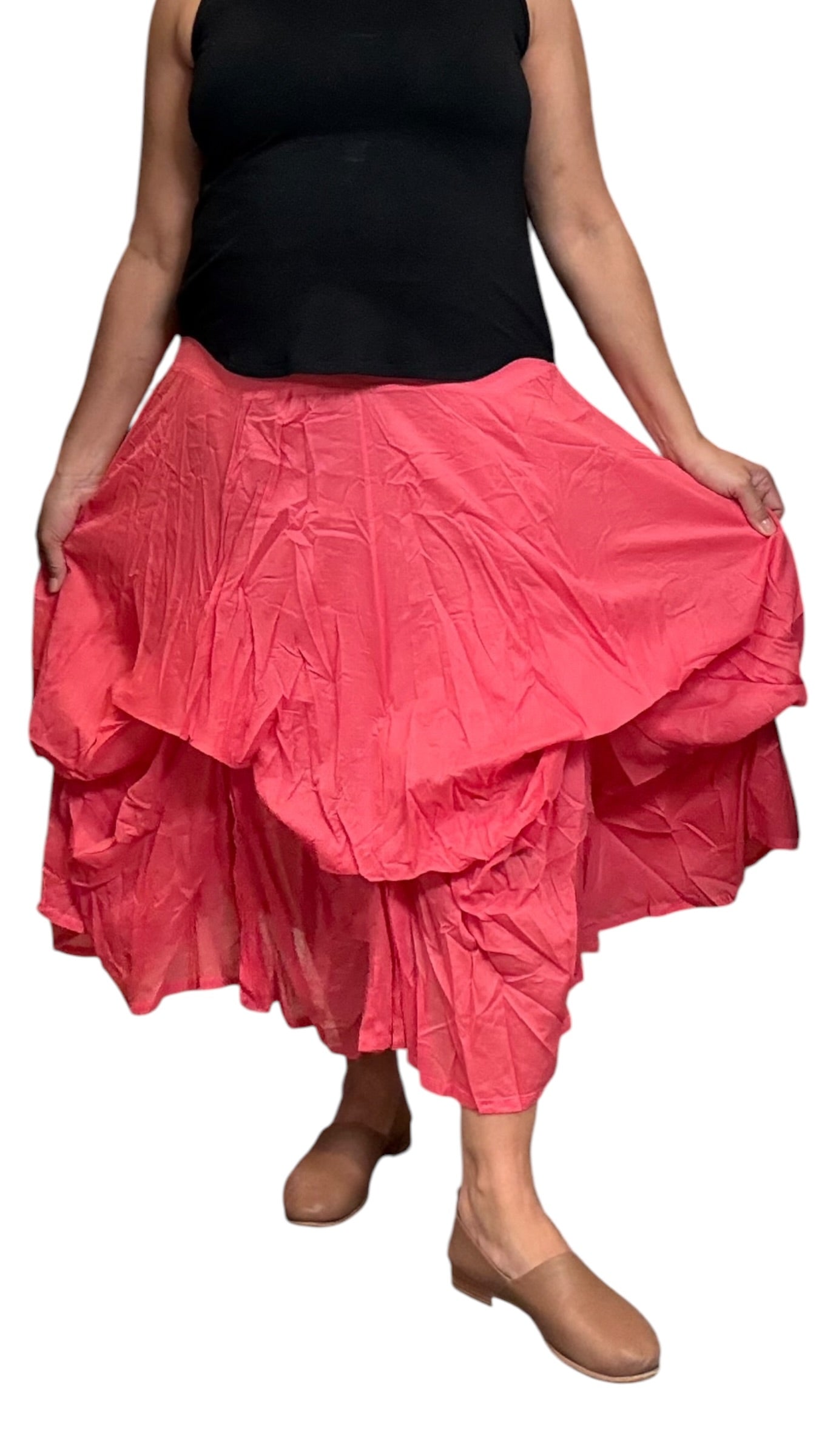 Coral Gathered Bubble Cotton Voile Tiered Skirt