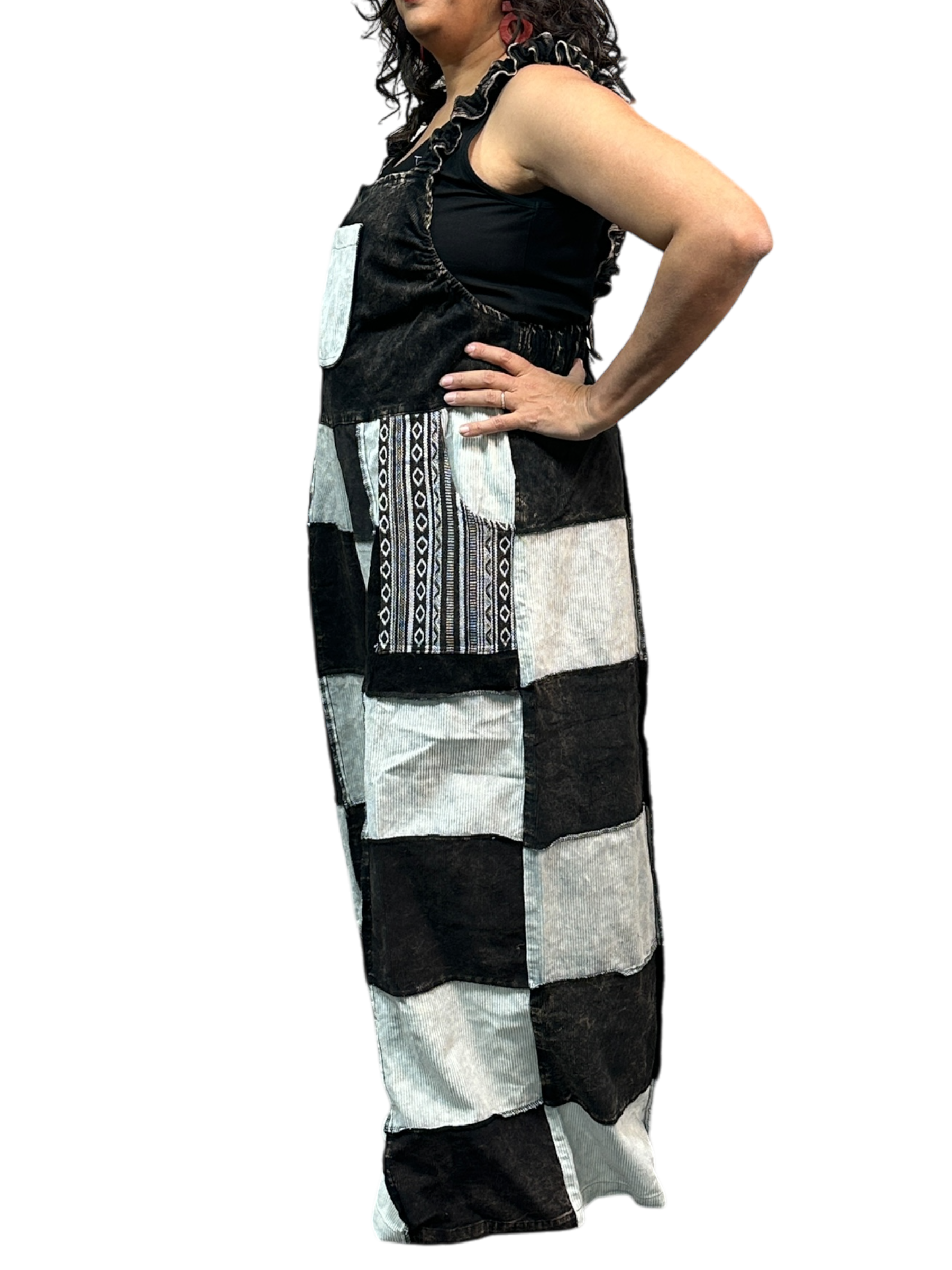 Black and White Corduroy Patchwork Overalls