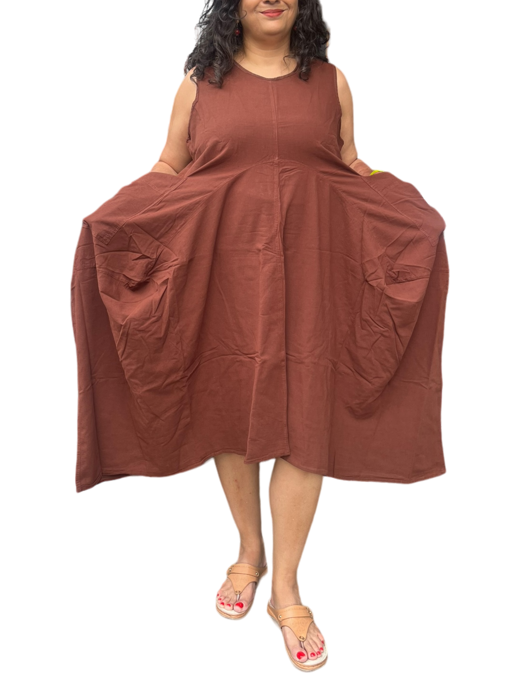 Brown Cotton Parachute Dress with Pockets