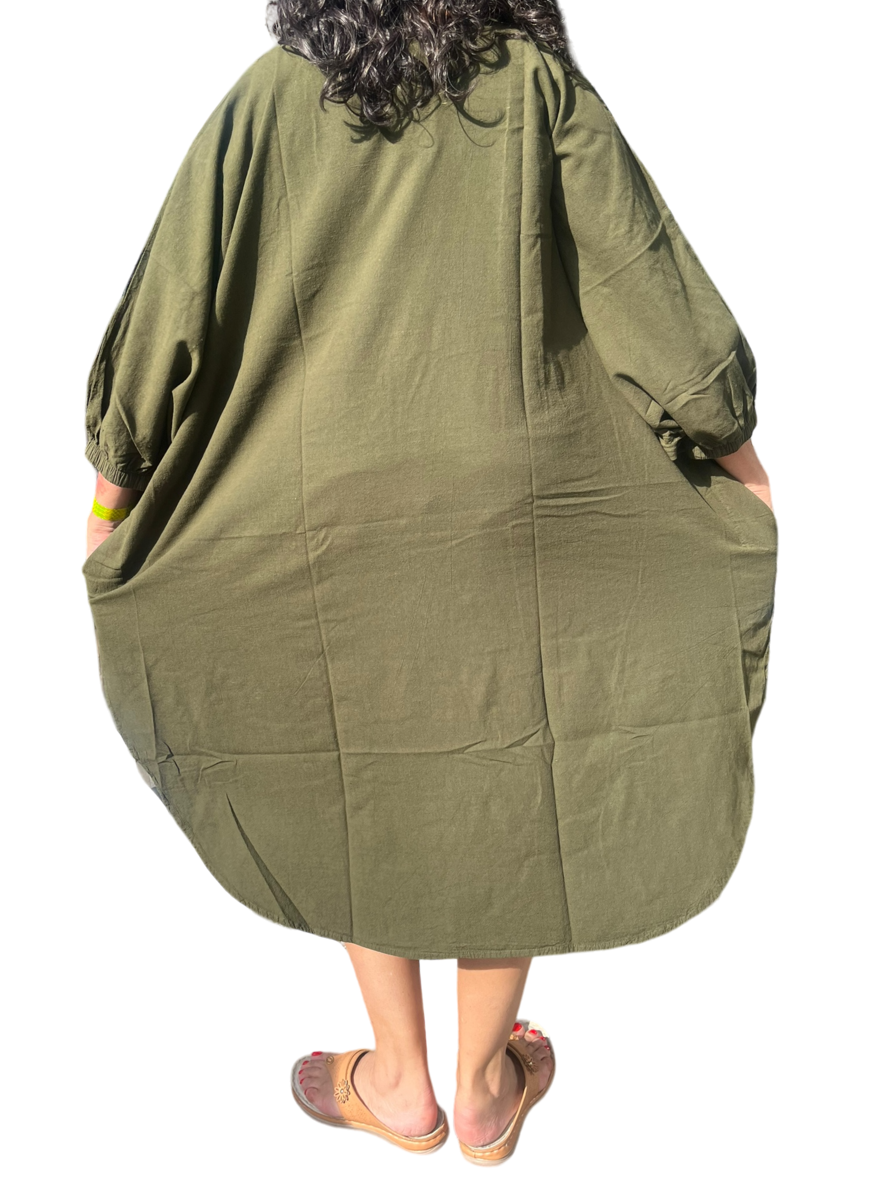 Olive Cotton Cocoon Dress with Dolman Sleeves