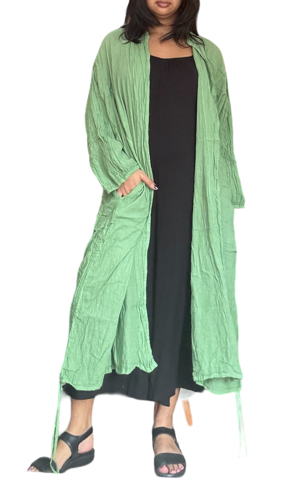 Bright Leaf Green Cotton Voile Drawstring Cardigan