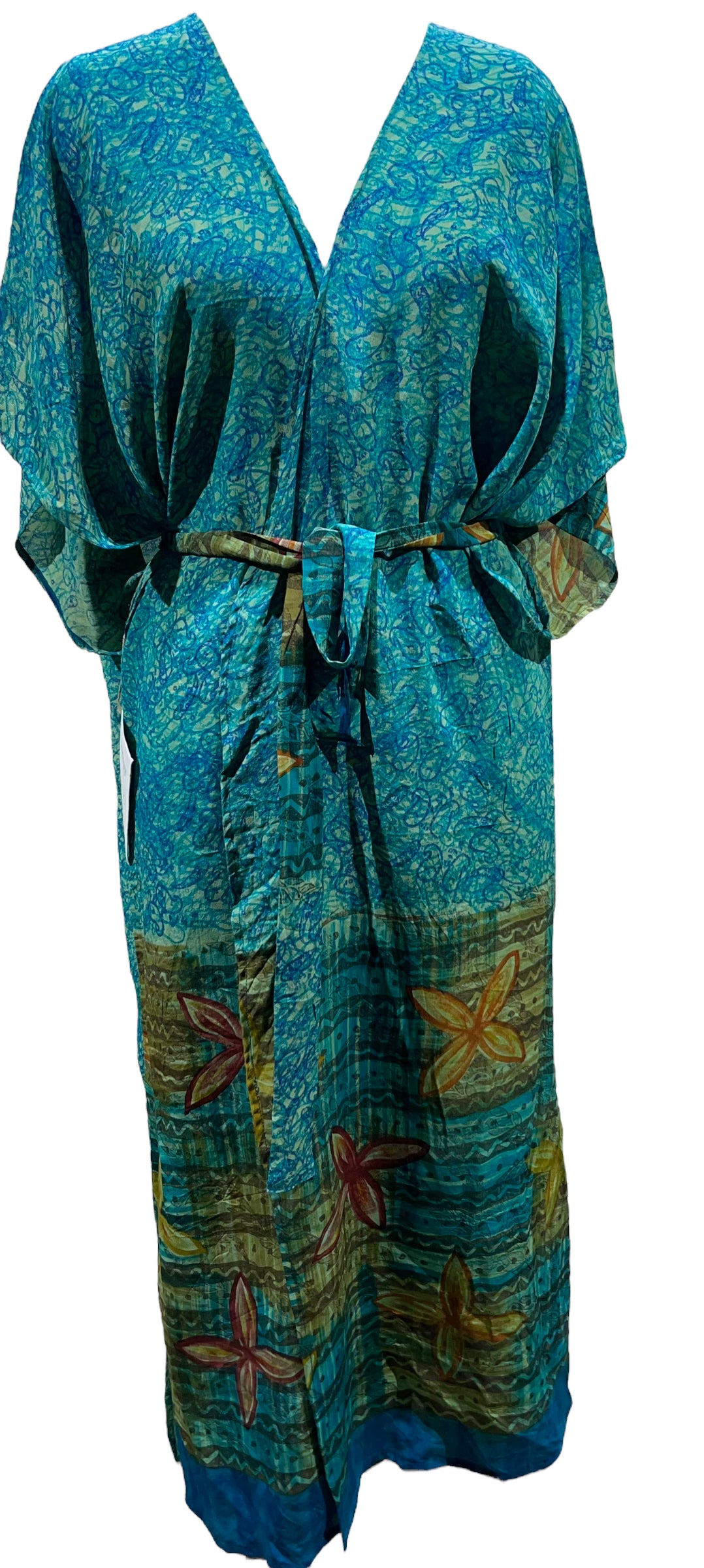 PRC5352  Avatar Long Pure Silk Kimono Sleeved Duster with Belt