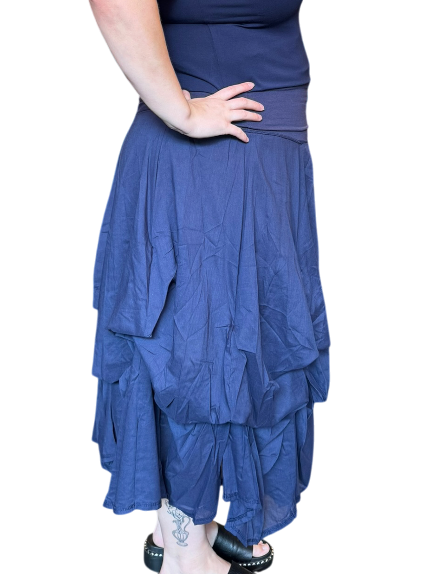 Navy Gathered Bubble Cotton Voile Tiered Skirt