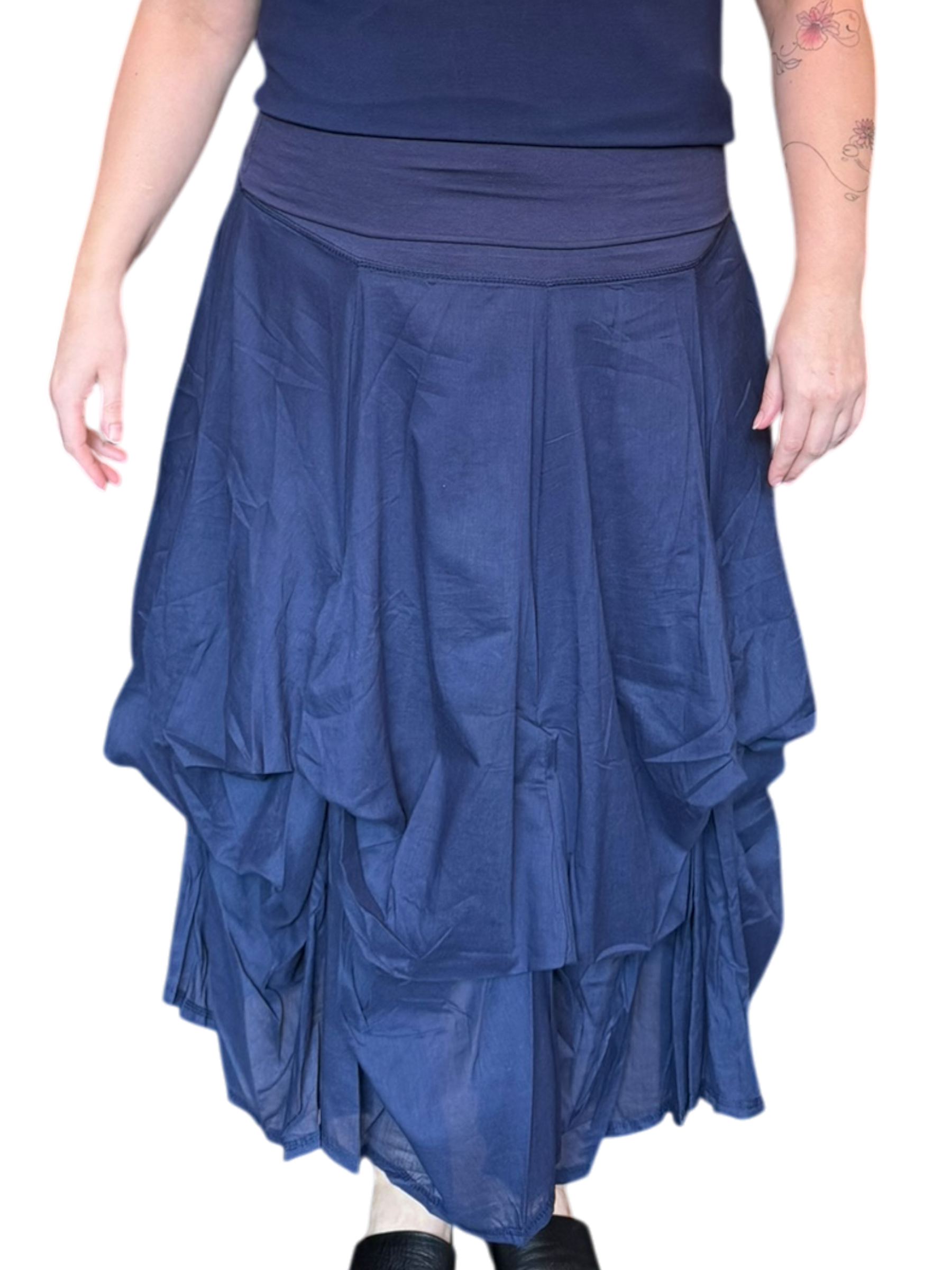 Navy Gathered Bubble Cotton Voile Tiered Skirt