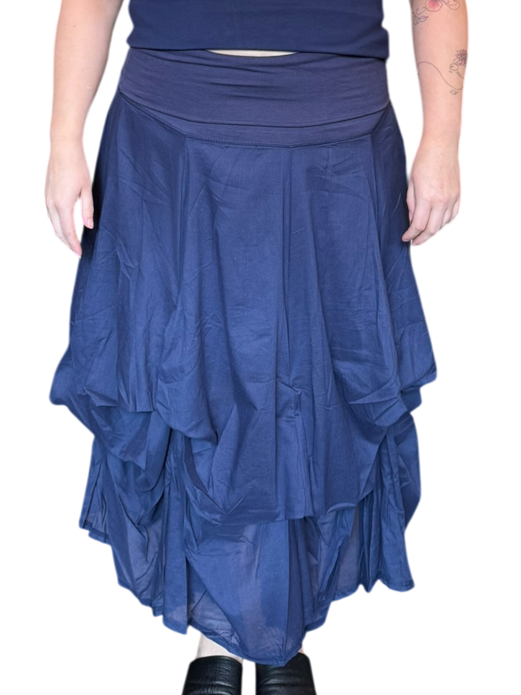 Navy Gathered Bubble Cotton Voile Tiered Skirt