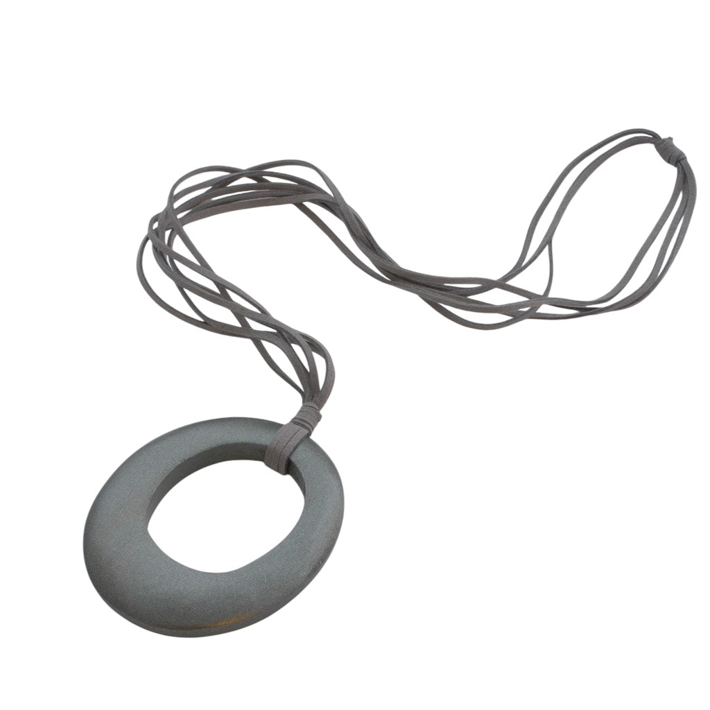 Grey Long Wooden Oval Necklace on Suede