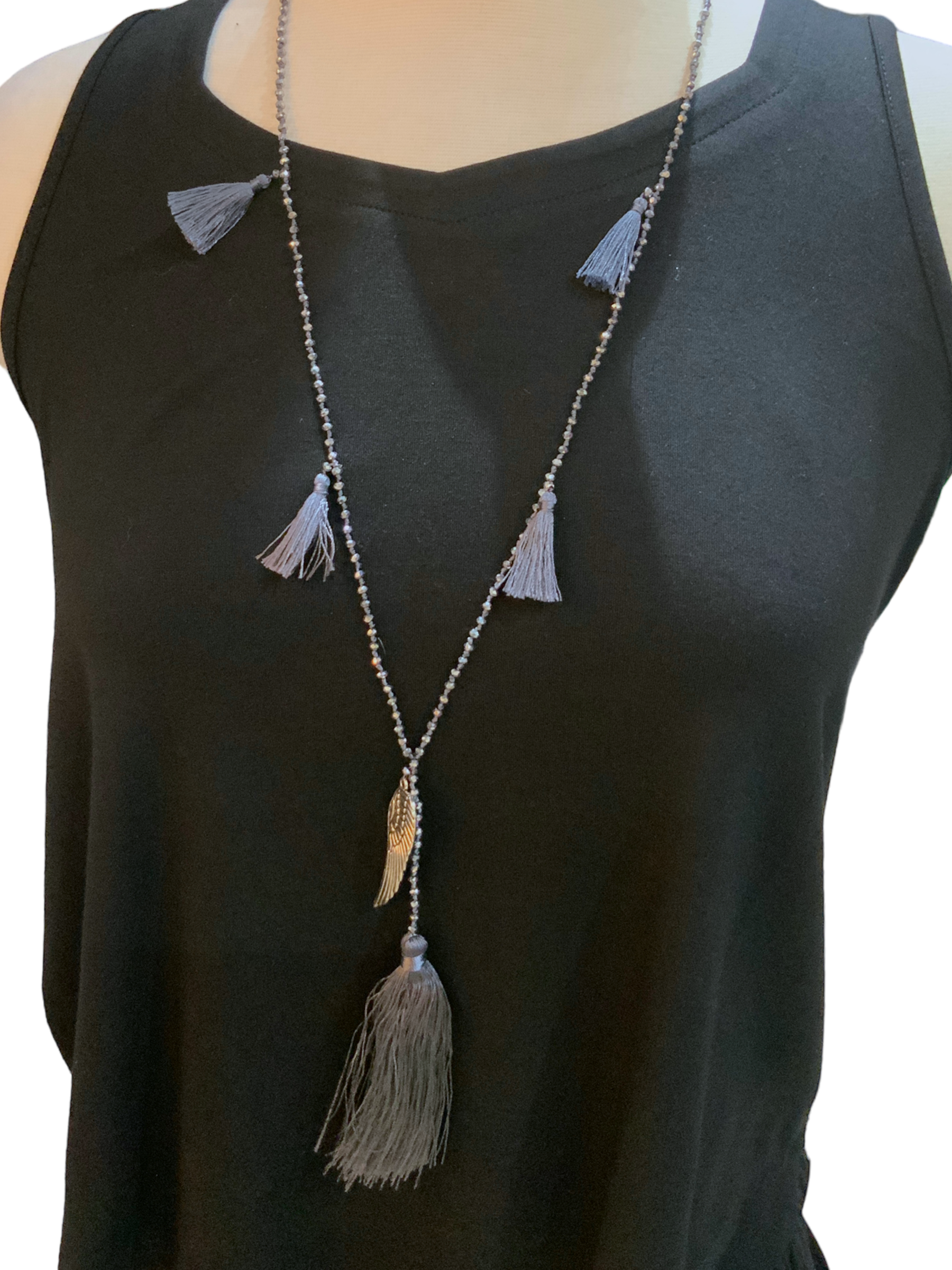 Grey Crystal Bead Necklace With Tassel and Angel Wing Charm