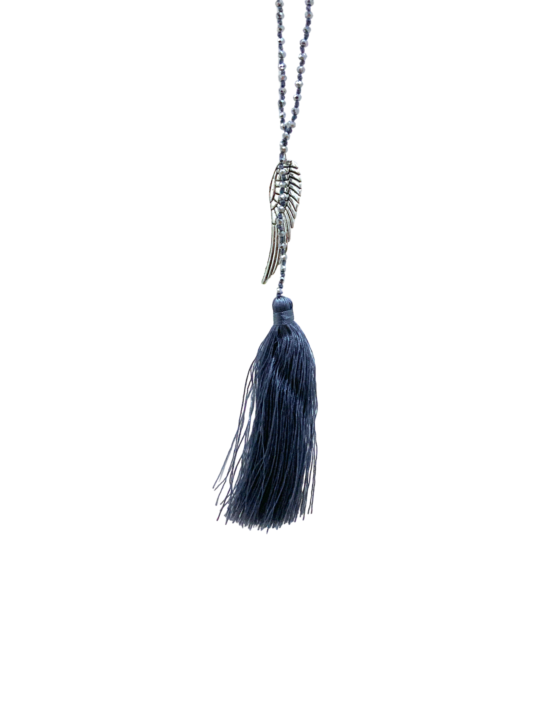 Grey Crystal Bead Necklace With Tassel and Angel Wing Charm