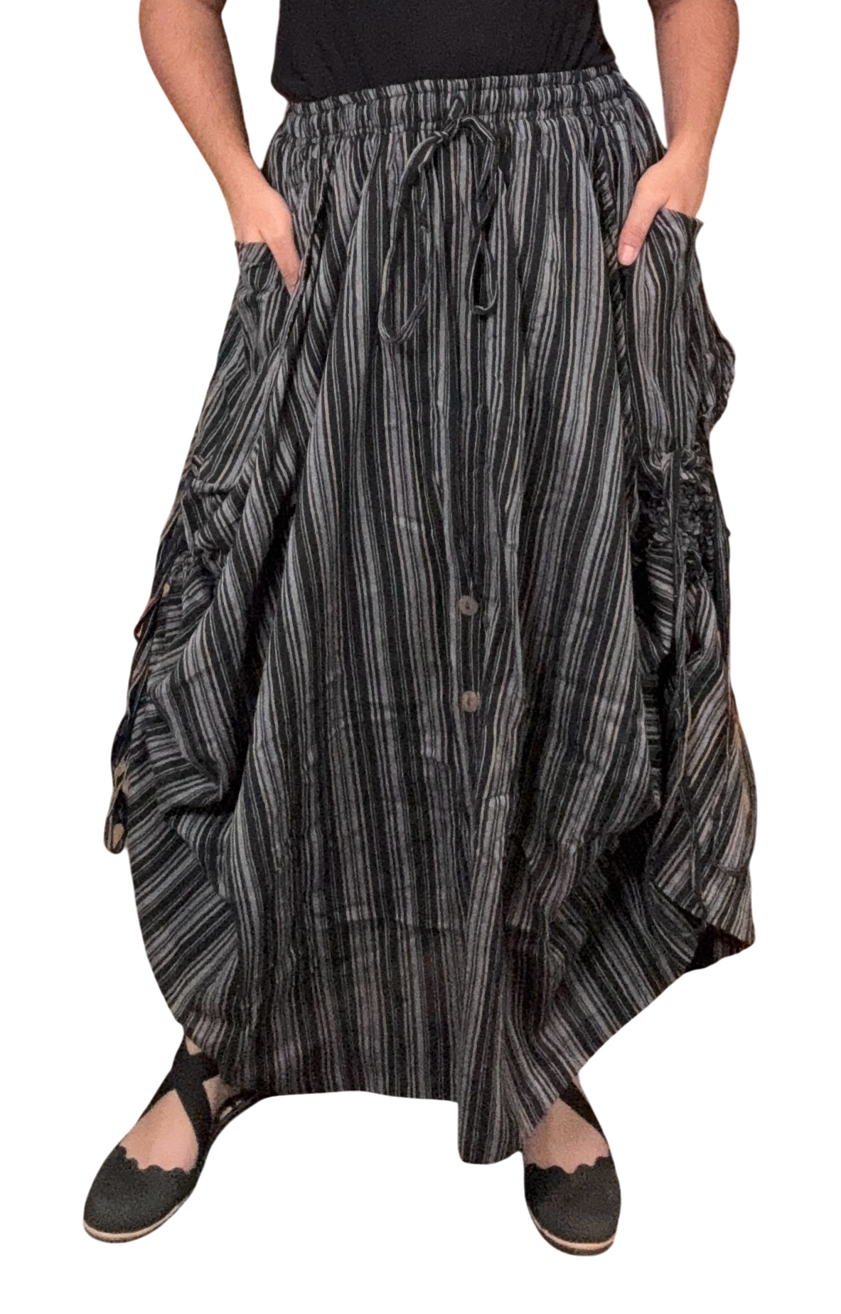 Black Stripped Cotton Tashi Versatile Pants/Skirt