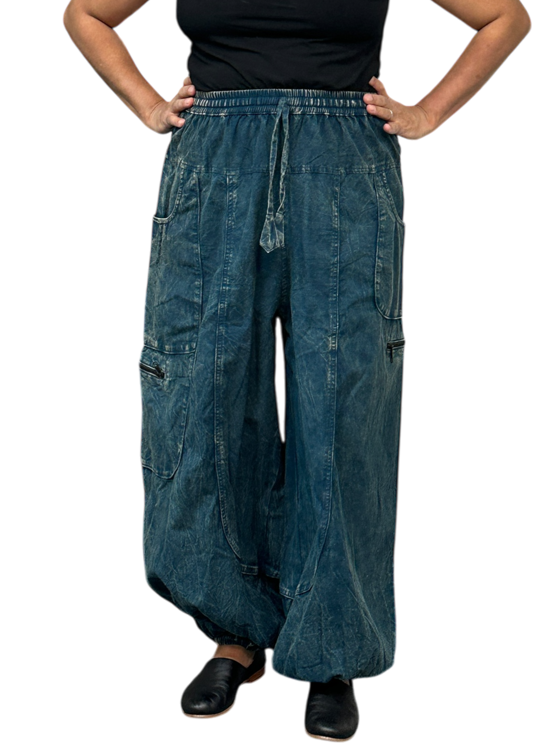 Denim Cotton Zippered Cargo Harem Pants