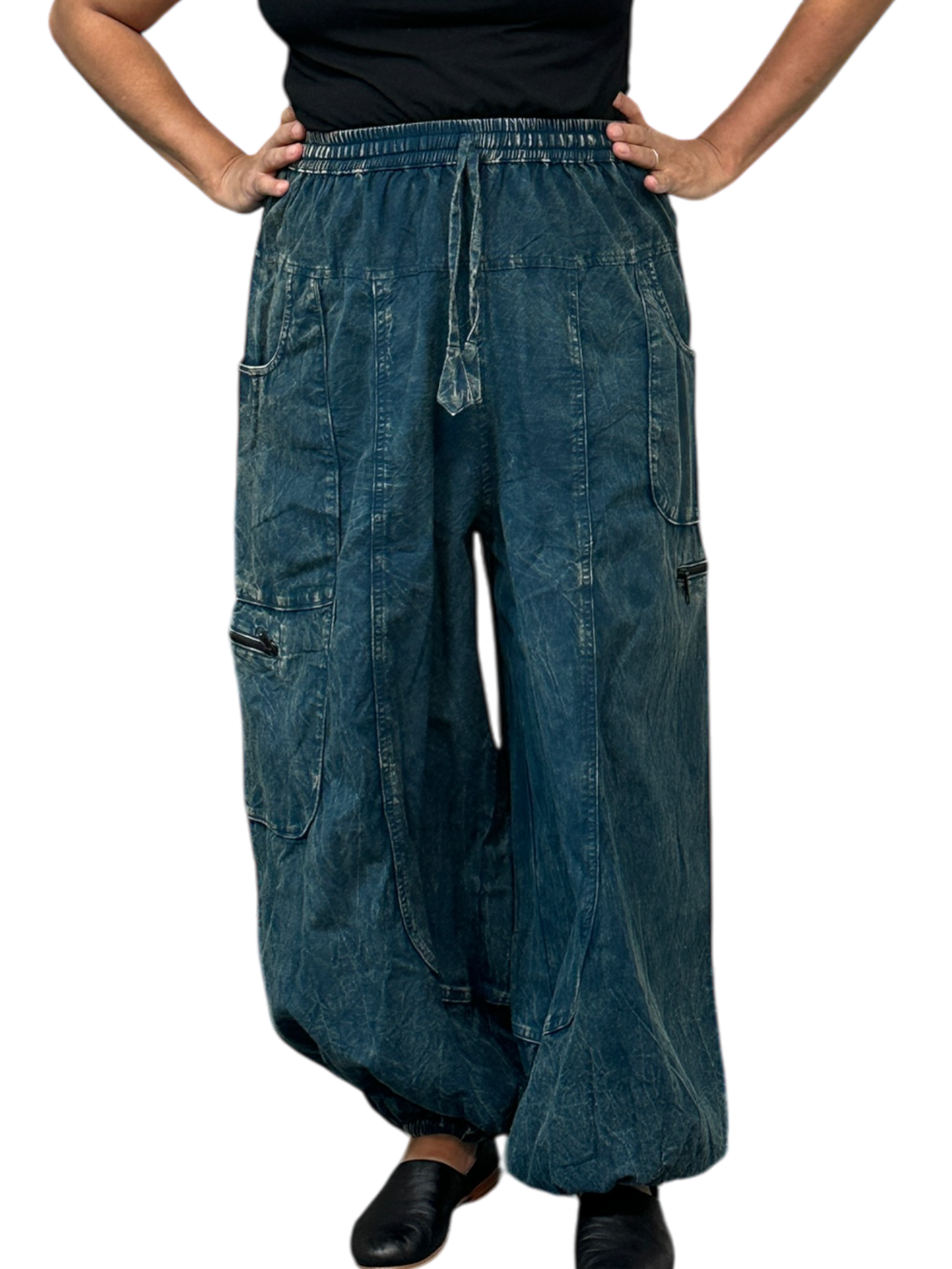 Denim Cotton Zippered Cargo Harem Pants