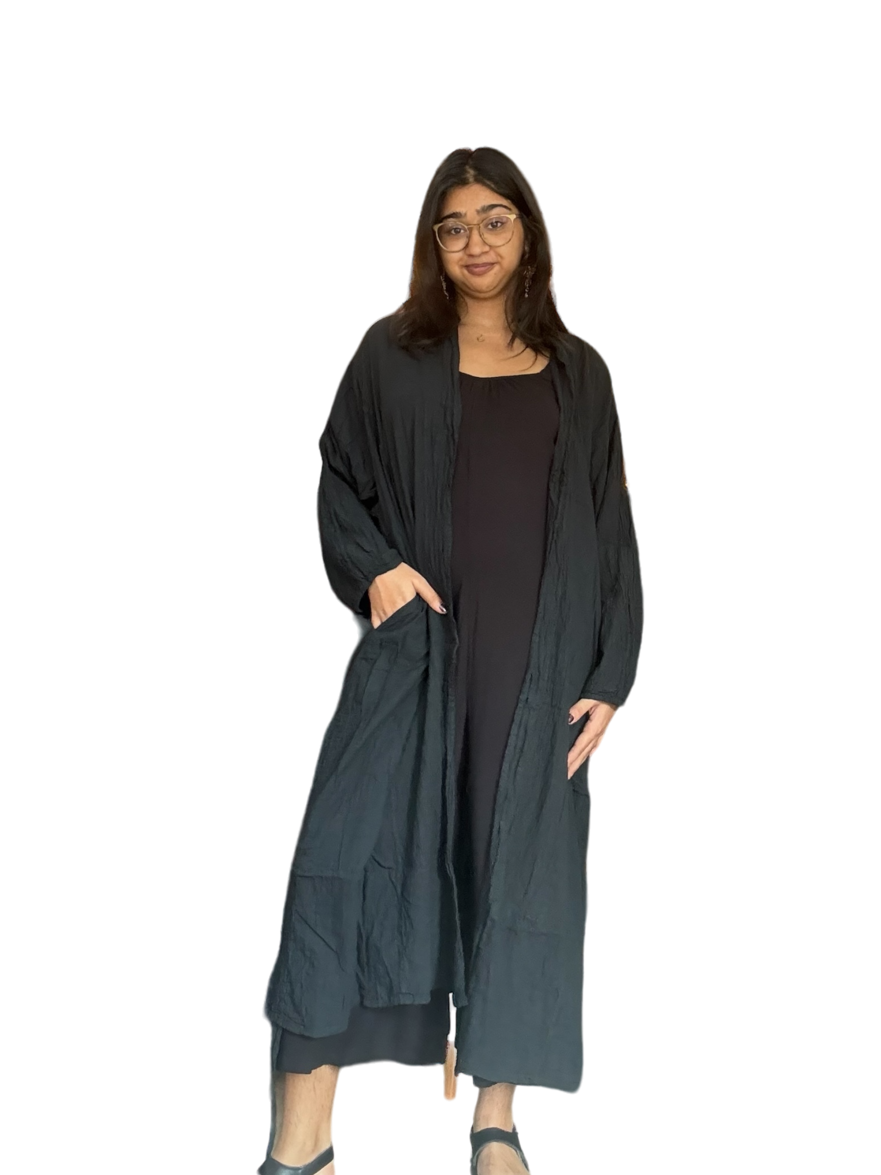 Black Cotton Voile Drawstring Cardigan