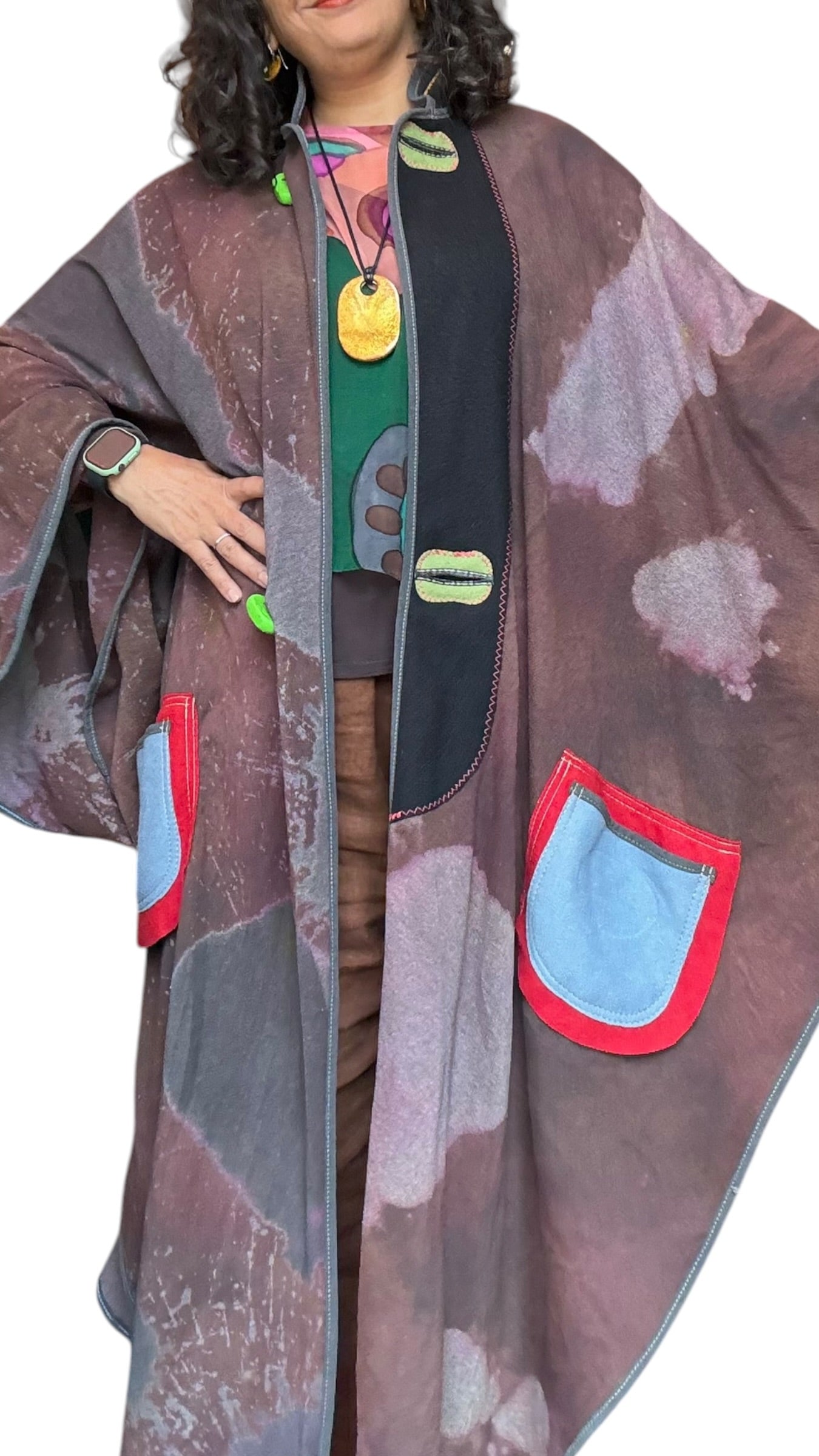 Hand-Dyed Full Length Grey and Brown Cotton Cape with Boiled Wool Detail by Pepin Designs #33