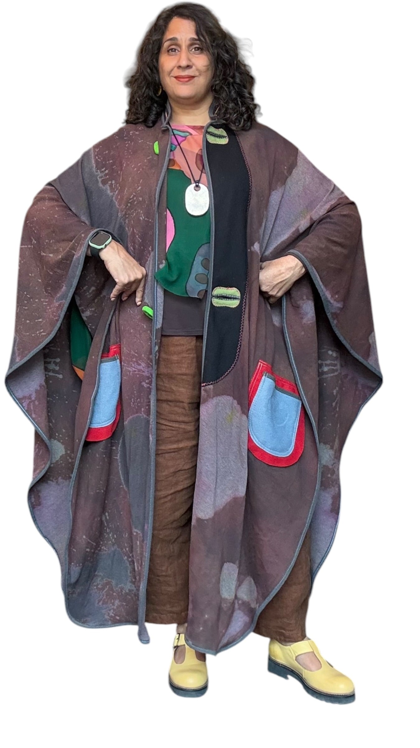Hand-Dyed Full Length Grey and Brown Cotton Cape with Boiled Wool Detail by Pepin Designs #33