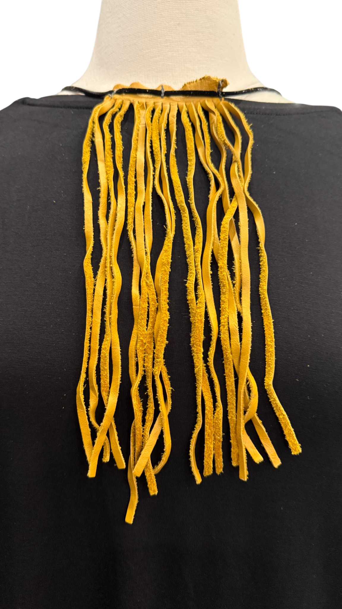 Mustard Leather Fringe Tie 9" Exposed Cord