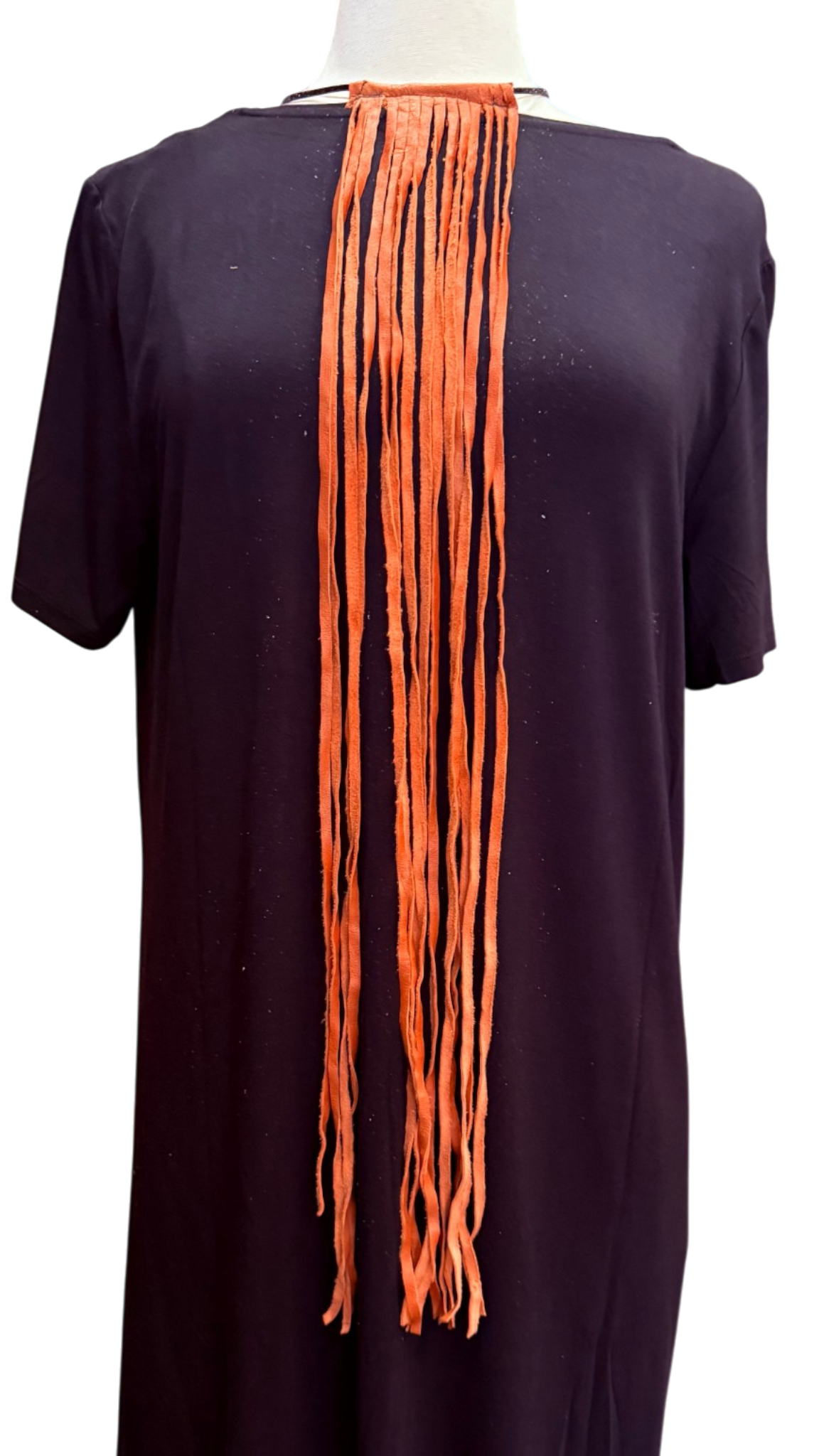 Deep Coral Leather Fringe Tie 26"