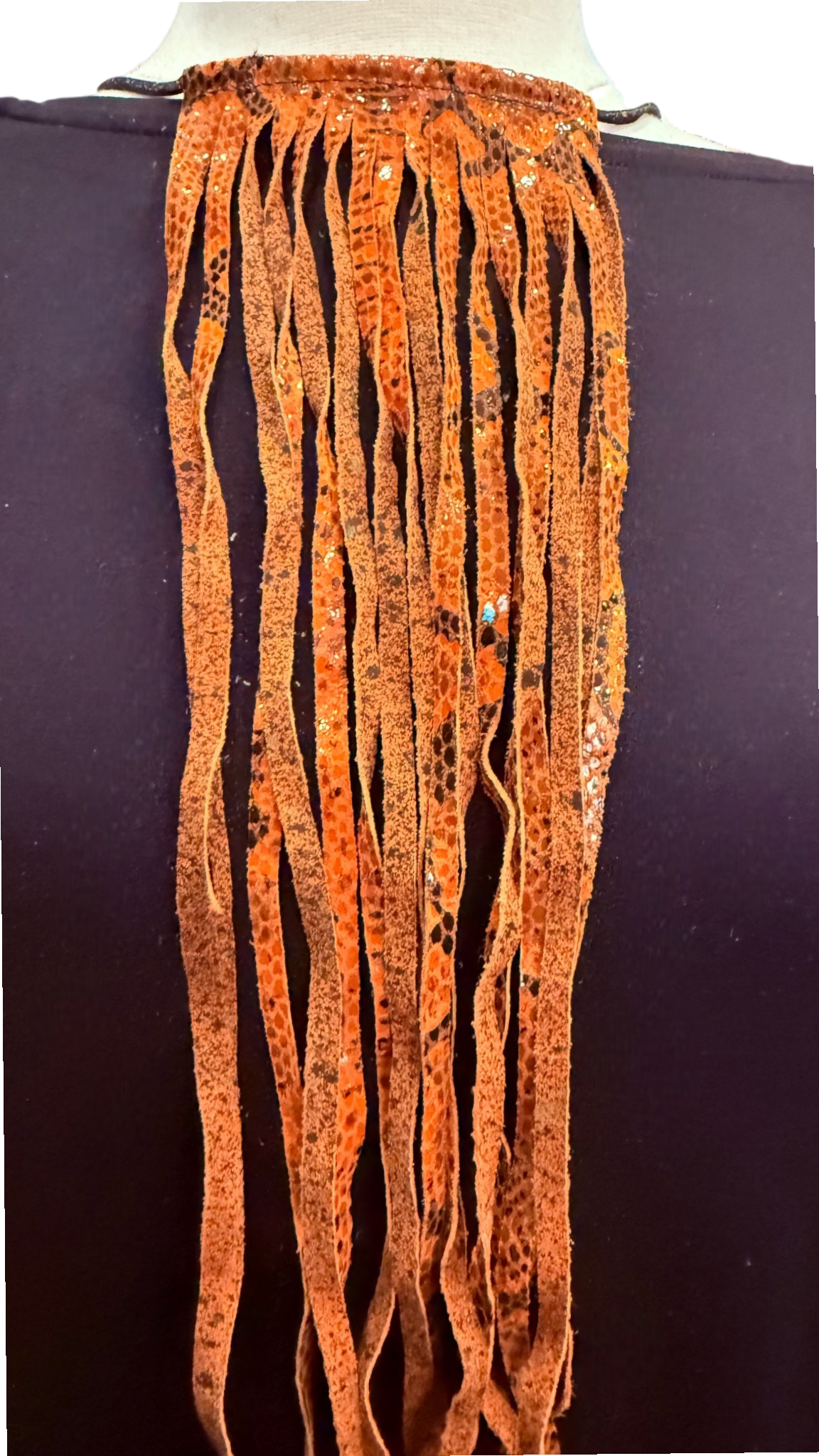 Orange Speckled Patent  Leather Fringe Tie 14"