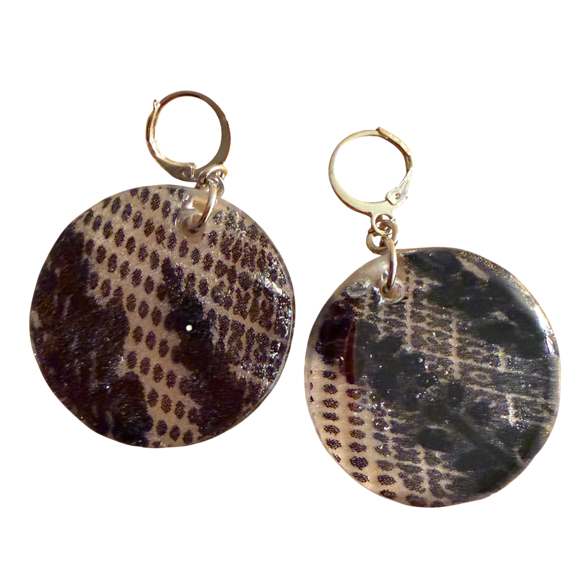 Black and White Leaf Silk in Resin Earrings