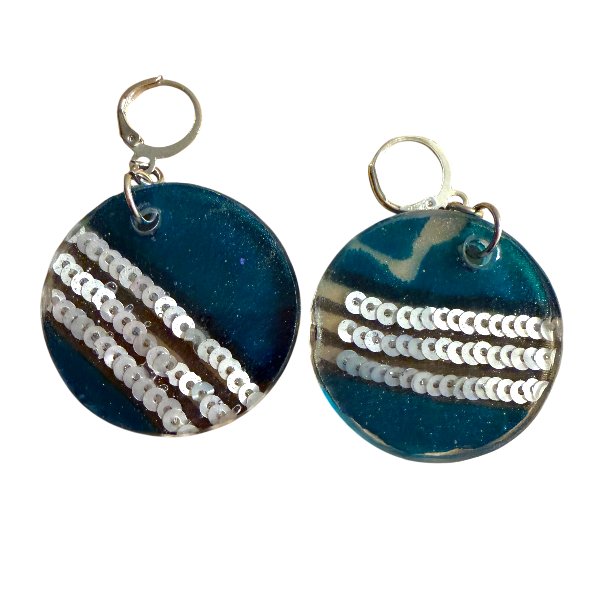 Blue Sequin Silk in Resin Earrings