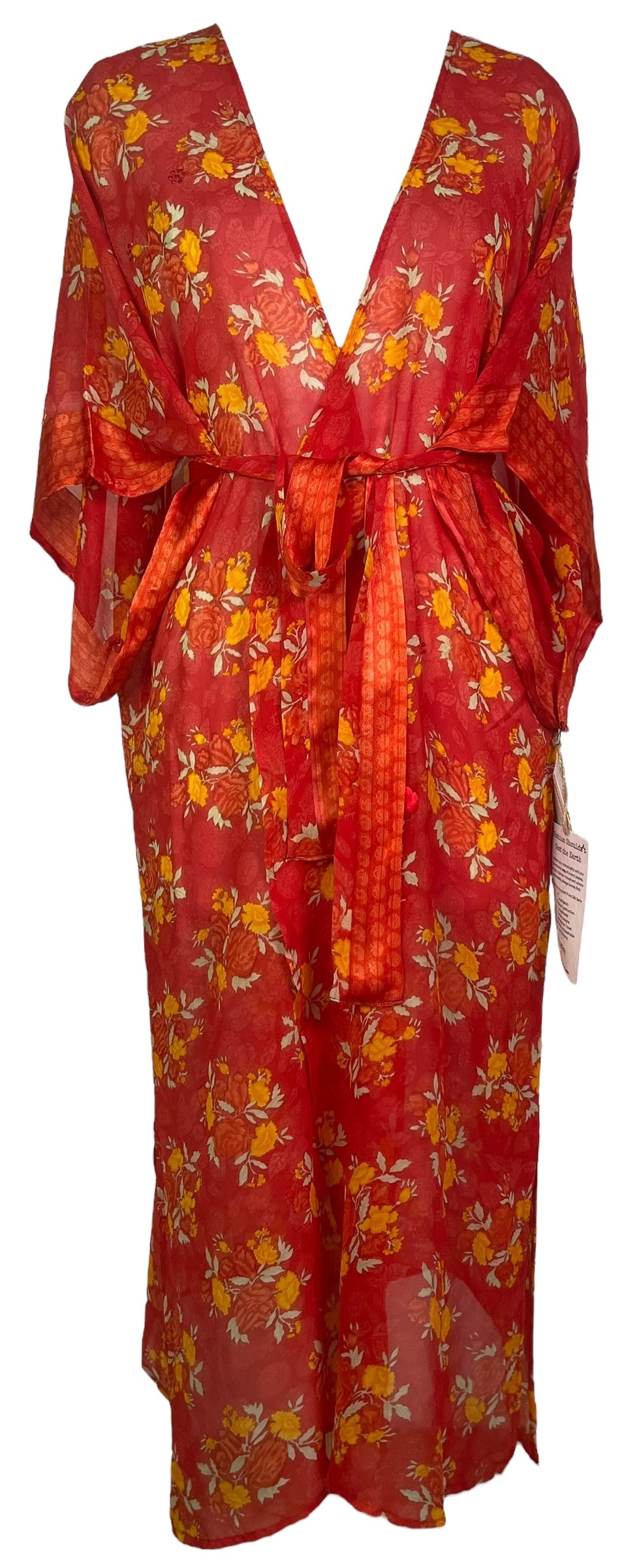 PRG8202 Sheer Avatar Long Pure Silk Kimono Sleeved Duster with Belt