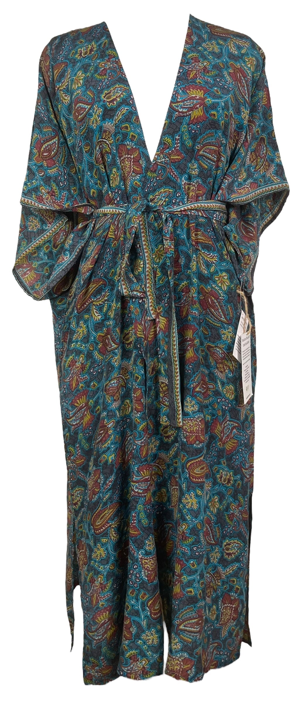 PRC8217 Avatar Long Pure Silk Kimono Sleeved Duster with Belt